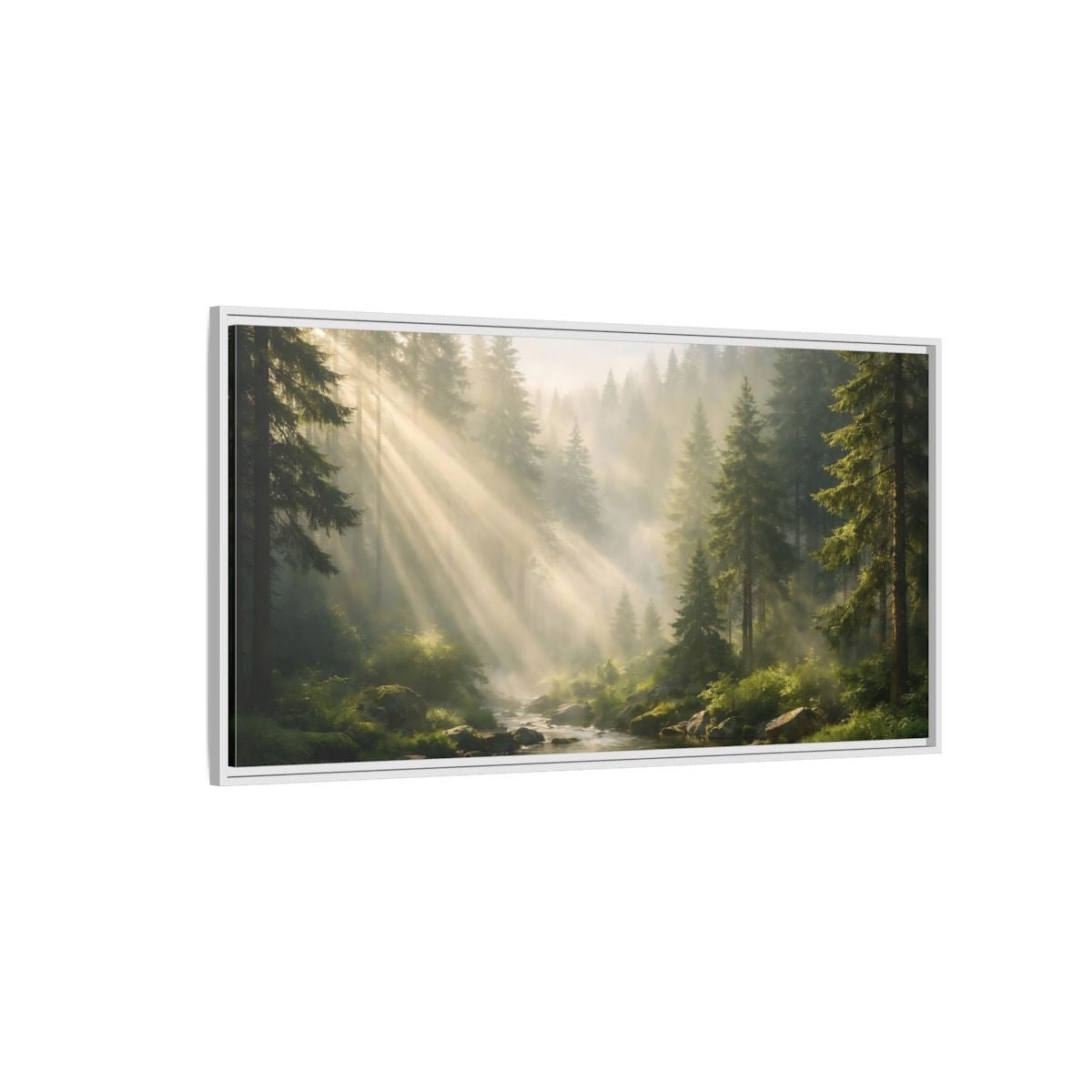 Landscape Nature Forest River Misty Green - Framed Canvas Wall Art Print - YesArtYes