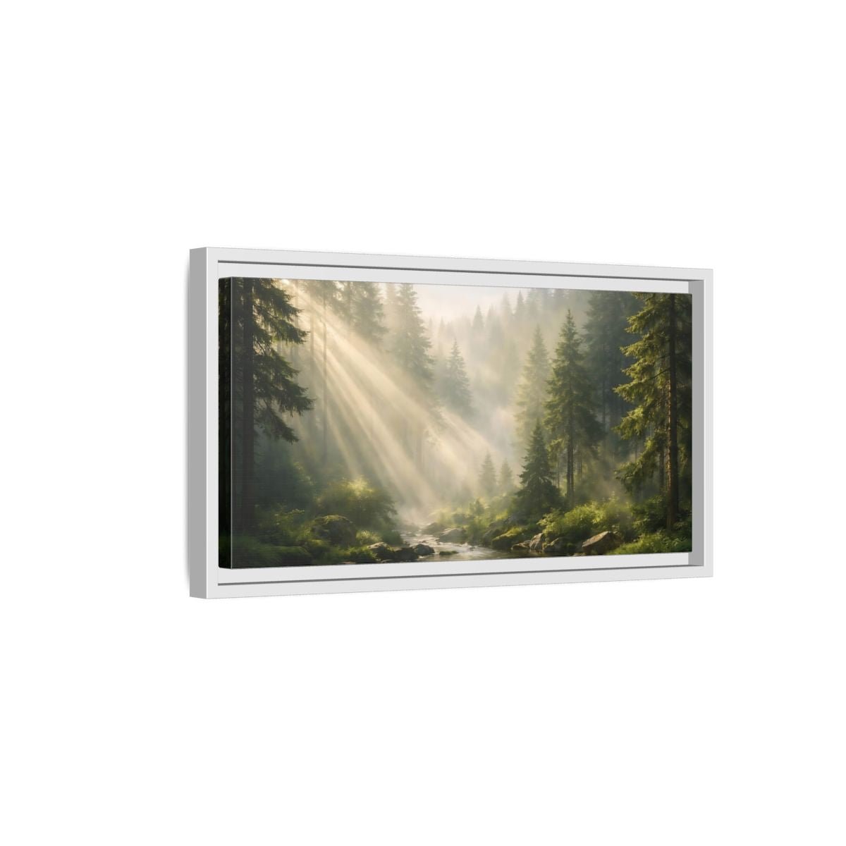 Landscape Nature Forest River Misty Green - Framed Canvas Wall Art Print - YesArtYes