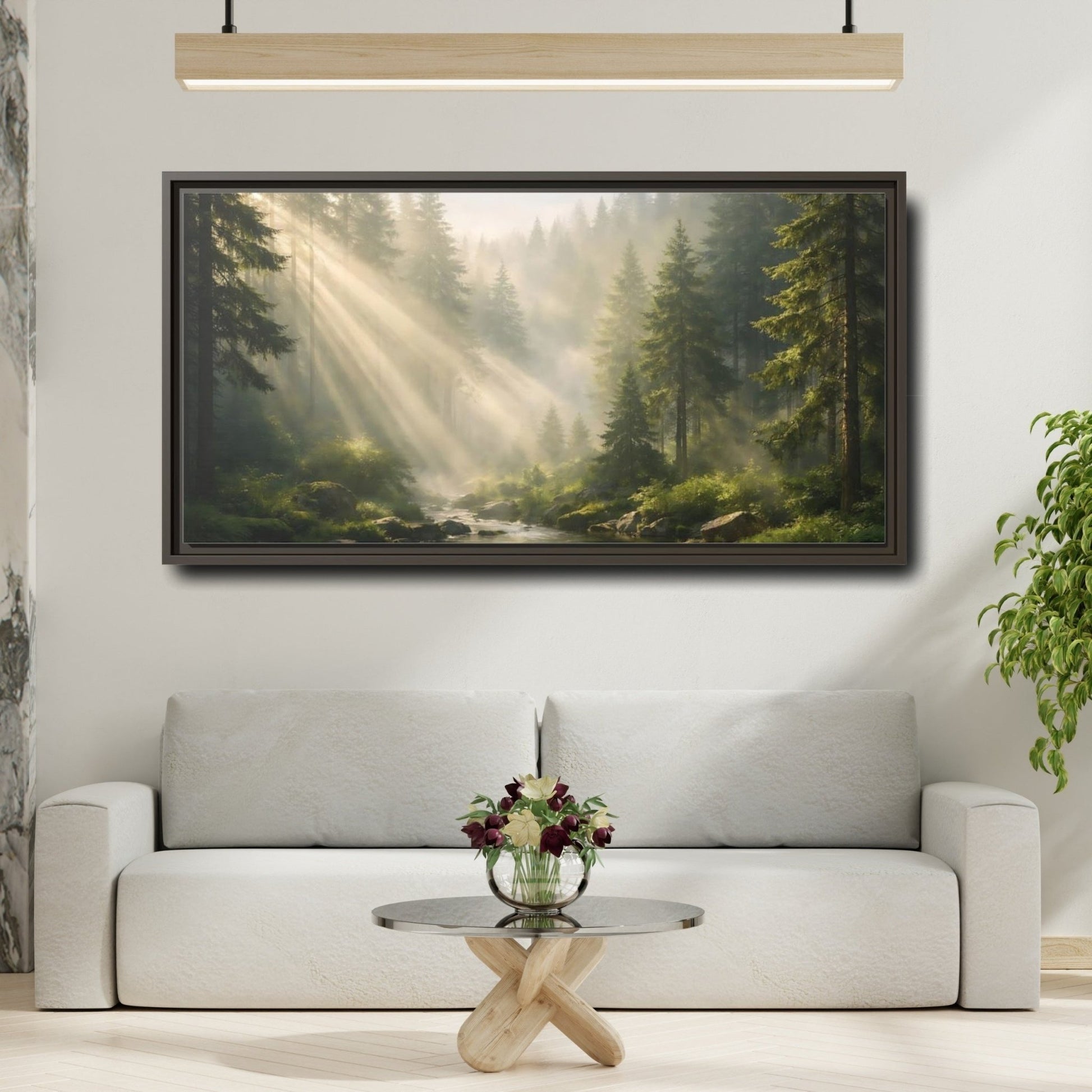 Landscape Nature Forest River Misty Green - Framed Canvas Wall Art Print - YesArtYes