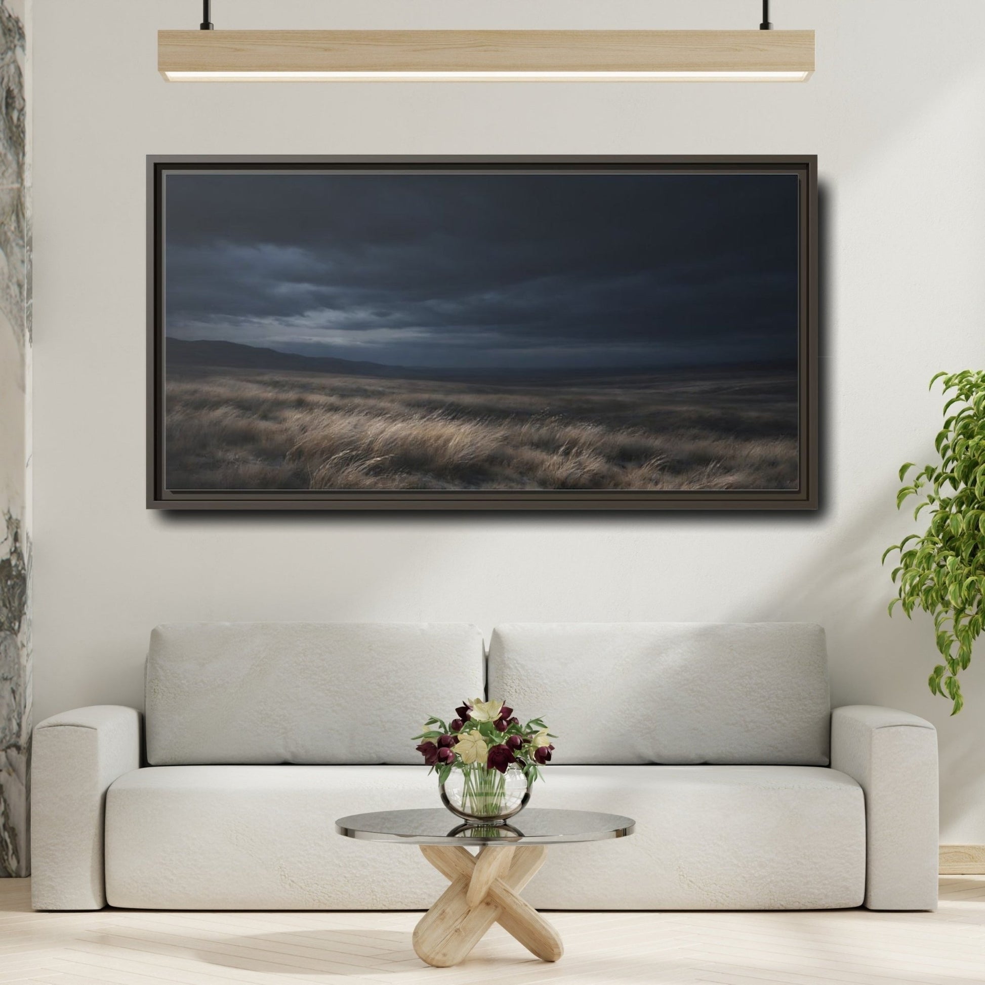 Landscape Nature Grassy Field Dark Blue - Framed Canvas Wall Art Print - YesArtYes