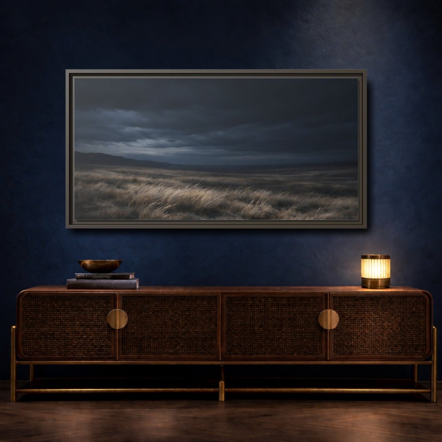 Landscape Nature Grassy Field Dark Blue - Framed Canvas Wall Art Print - YesArtYes