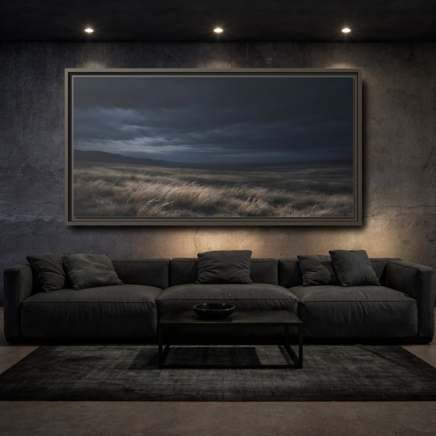 Landscape Nature Grassy Field Dark Blue - Framed Canvas Wall Art Print - YesArtYes