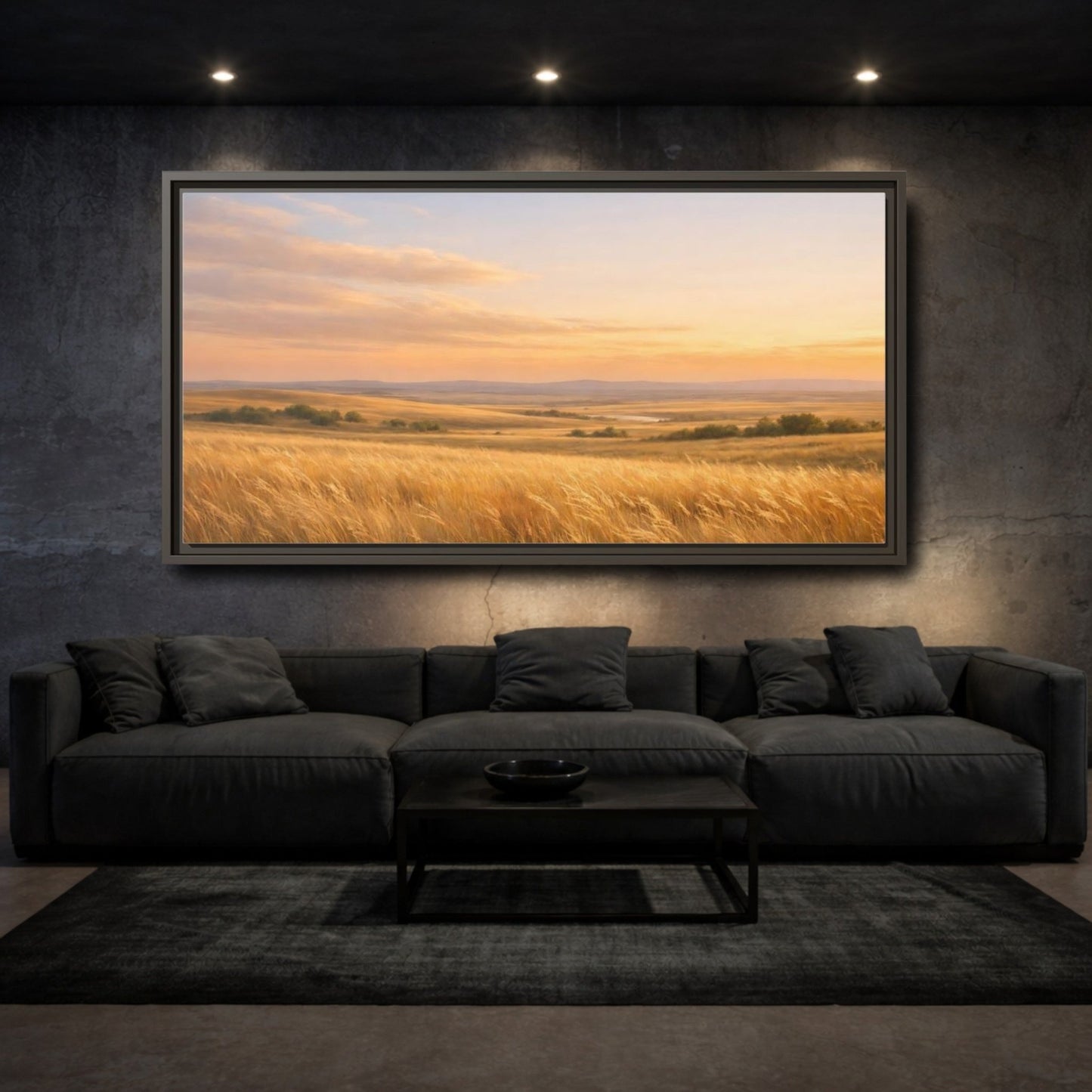 Landscape Nature Grassy Field Golden Sunset - Framed Canvas Wall Art Print - YesArtYes