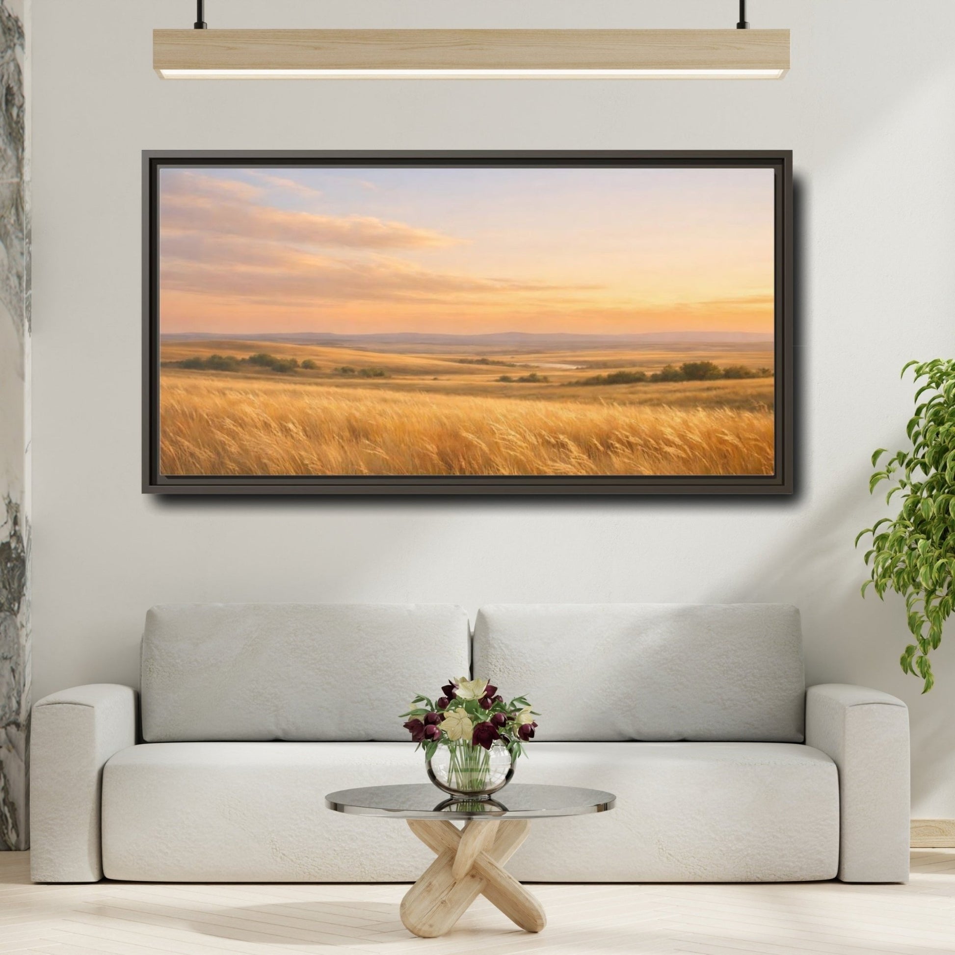 Landscape Nature Grassy Field Golden Sunset - Framed Canvas Wall Art Print - YesArtYes