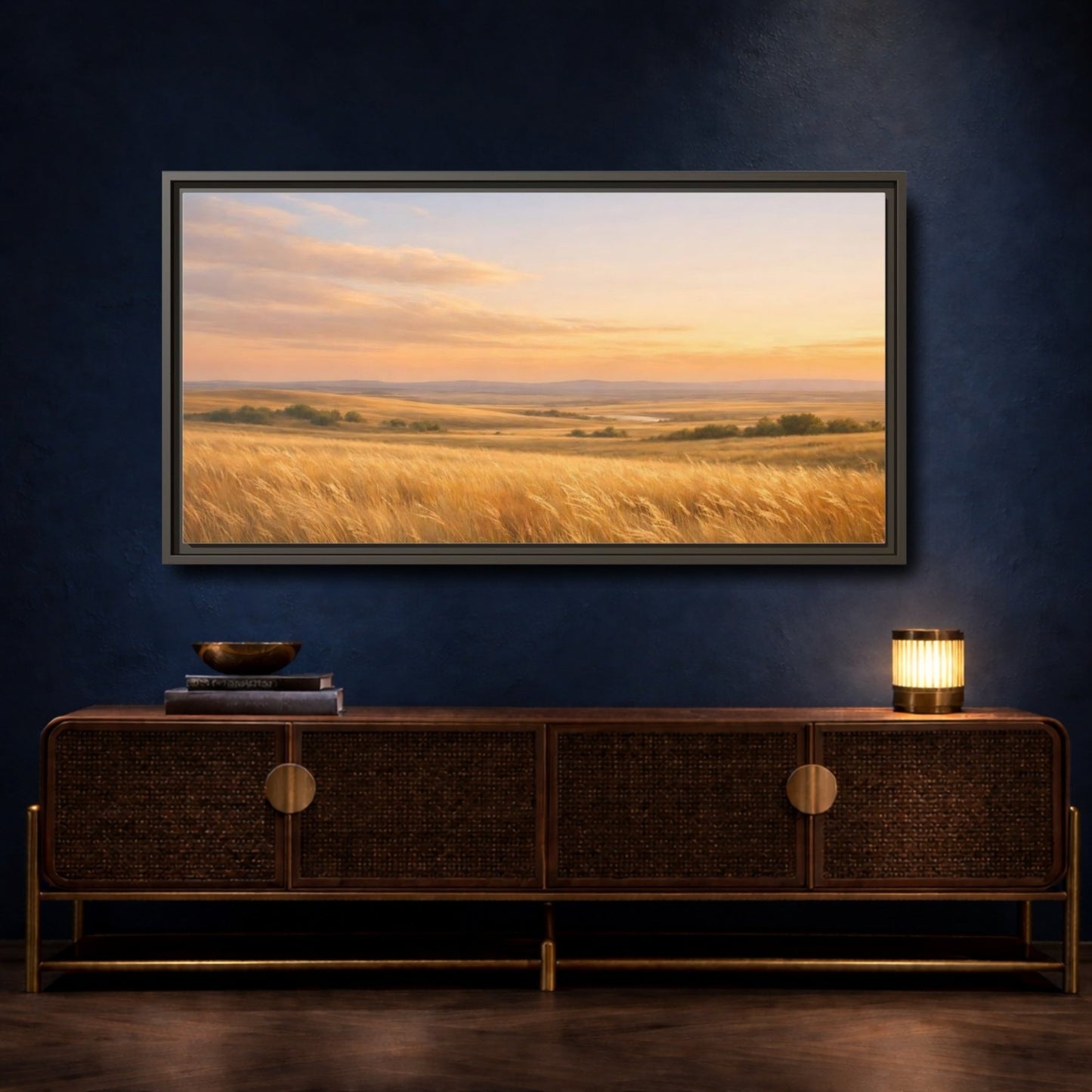 Landscape Nature Grassy Field Golden Sunset - Framed Canvas Wall Art Print - YesArtYes