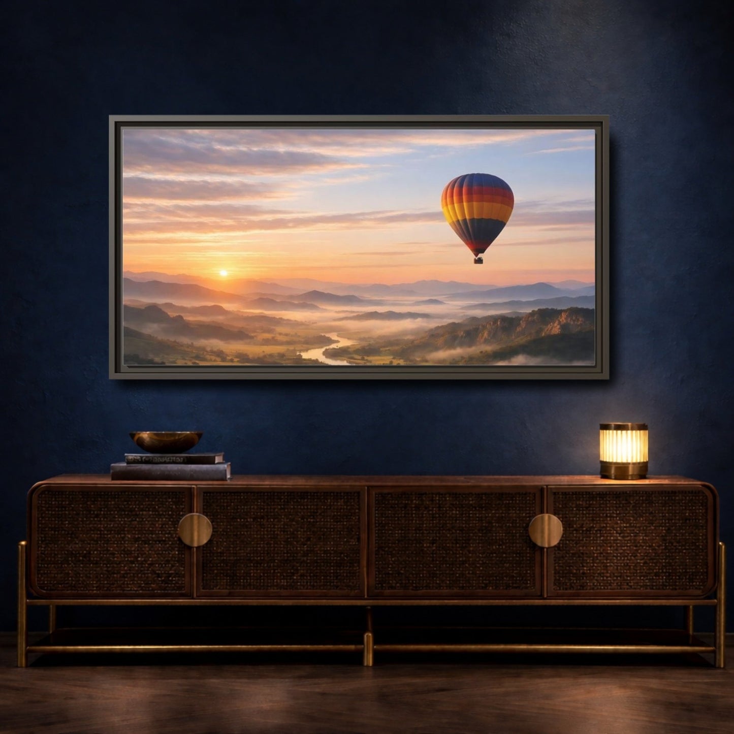 Landscape Nature Hot Air Balloon Sunrise - Framed Canvas Wall Art Print - YesArtYes