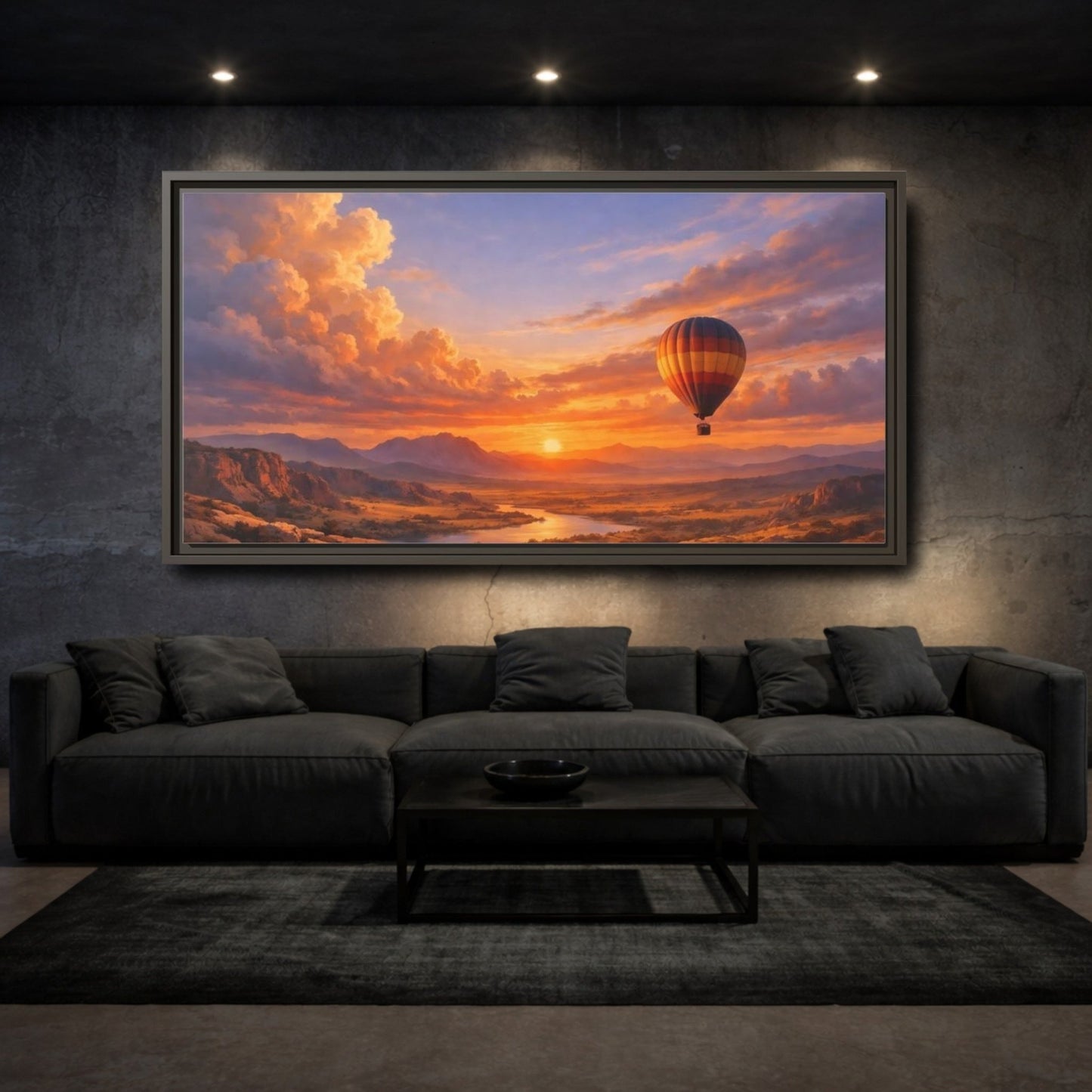 Landscape Nature Hot Air Balloon Sunset - Framed Canvas Wall Art Print - YesArtYes