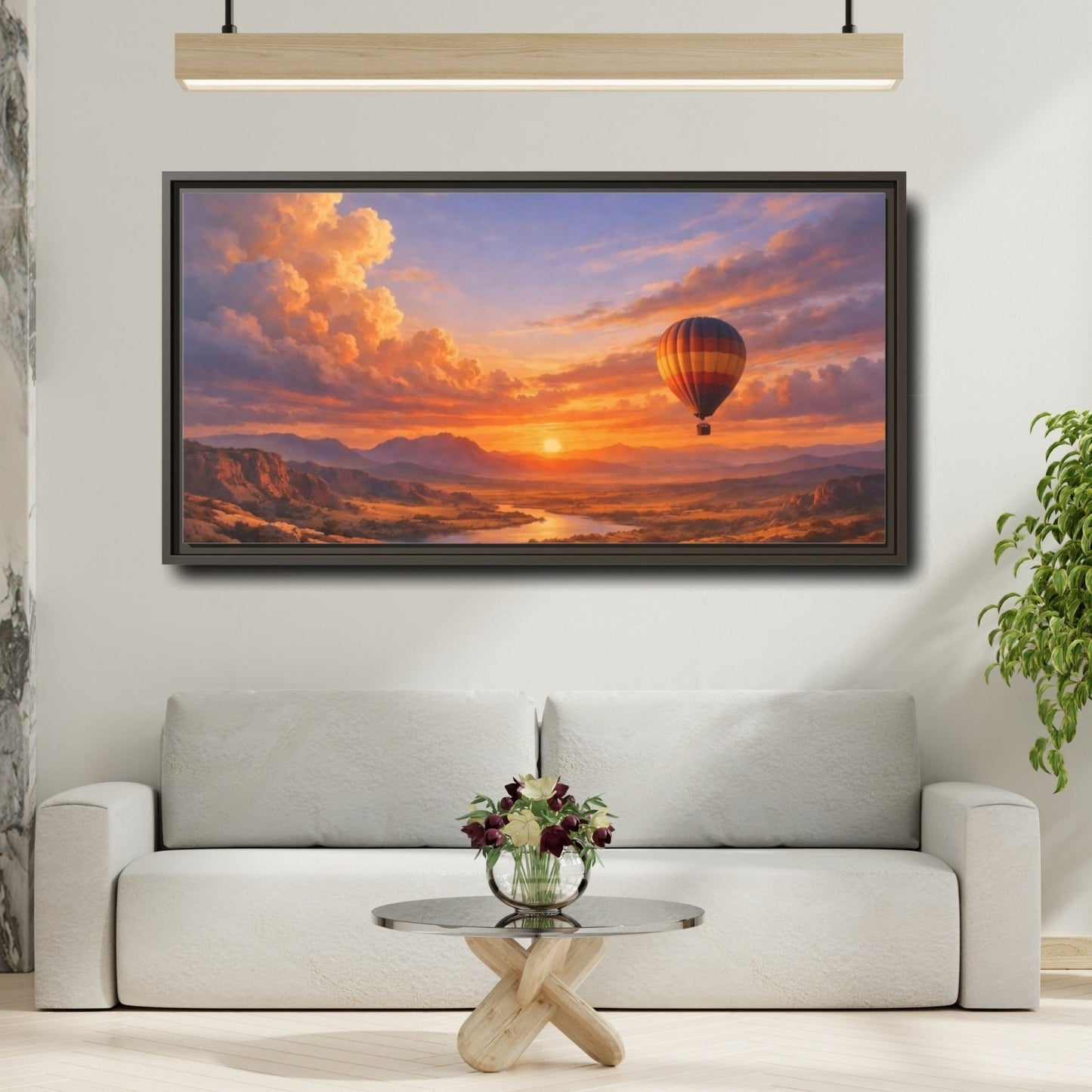 Landscape Nature Hot Air Balloon Sunset - Framed Canvas Wall Art Print - YesArtYes