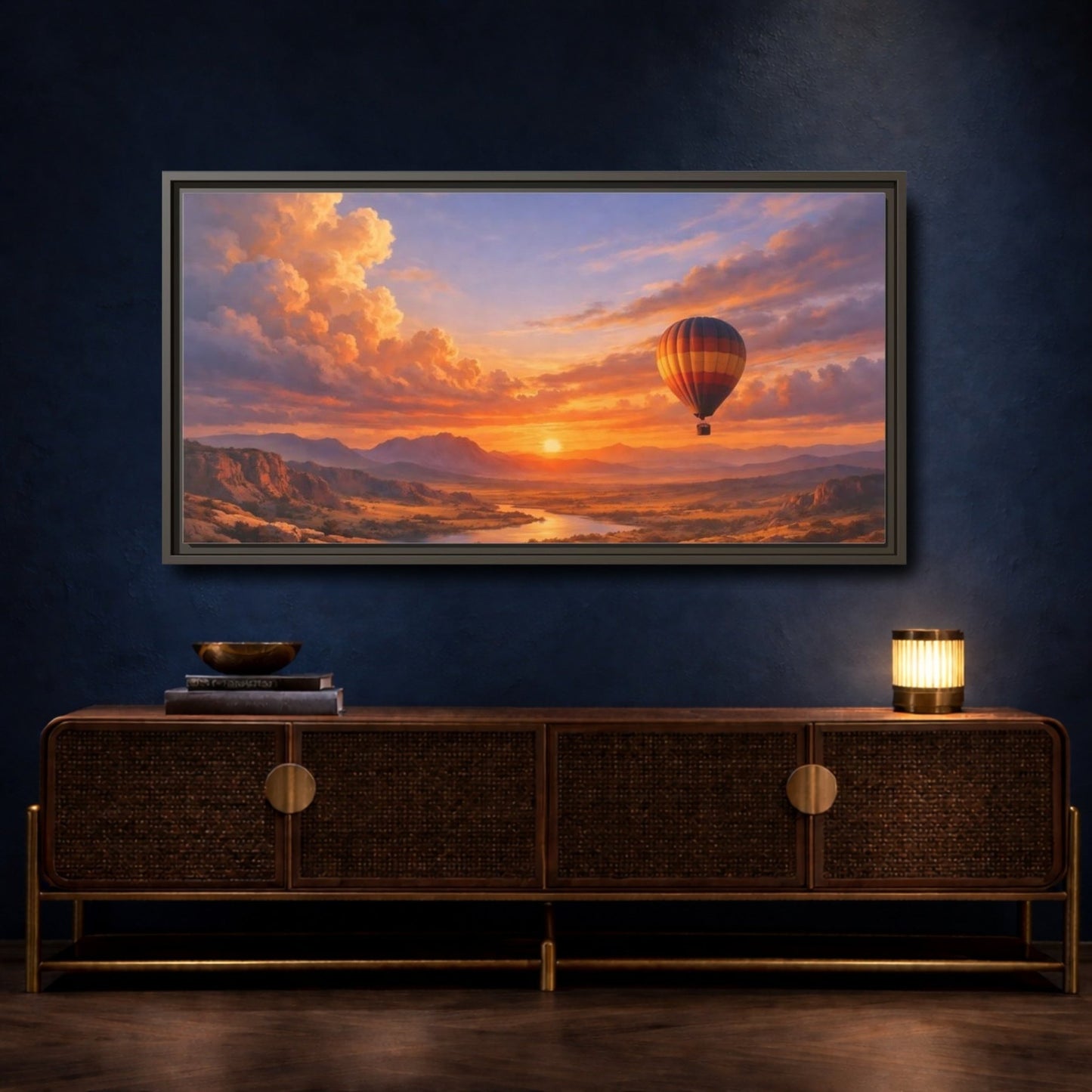 Landscape Nature Hot Air Balloon Sunset - Framed Canvas Wall Art Print - YesArtYes