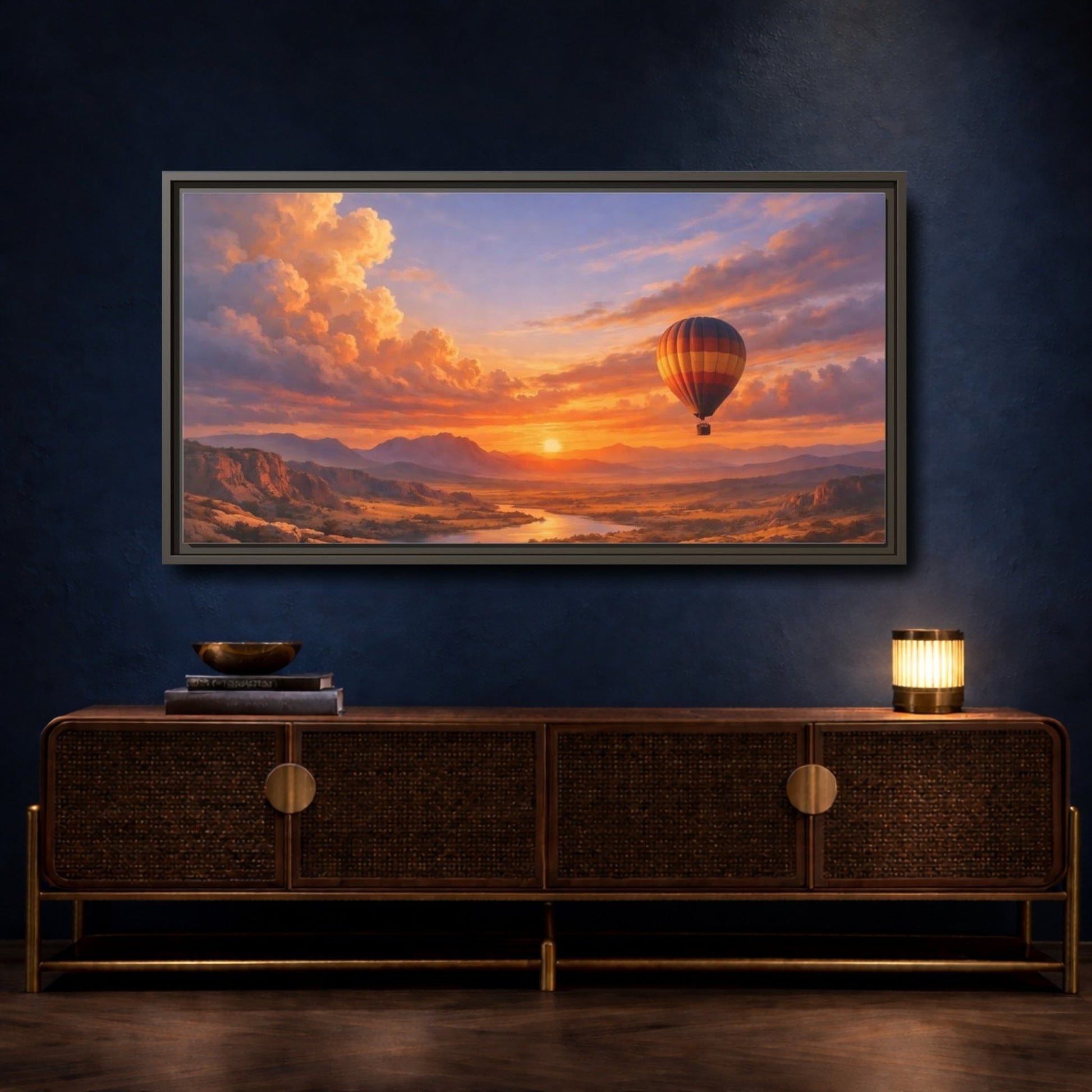 Landscape Nature Hot Air Balloon Sunset - Framed Canvas Wall Art Print - YesArtYes