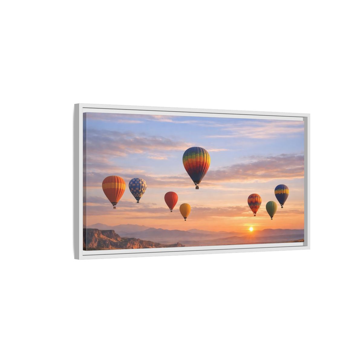 Side Mockup 1. Nature Hot Air Balloons Colorful Hot Air Balloons shown as stretched canvas wall art