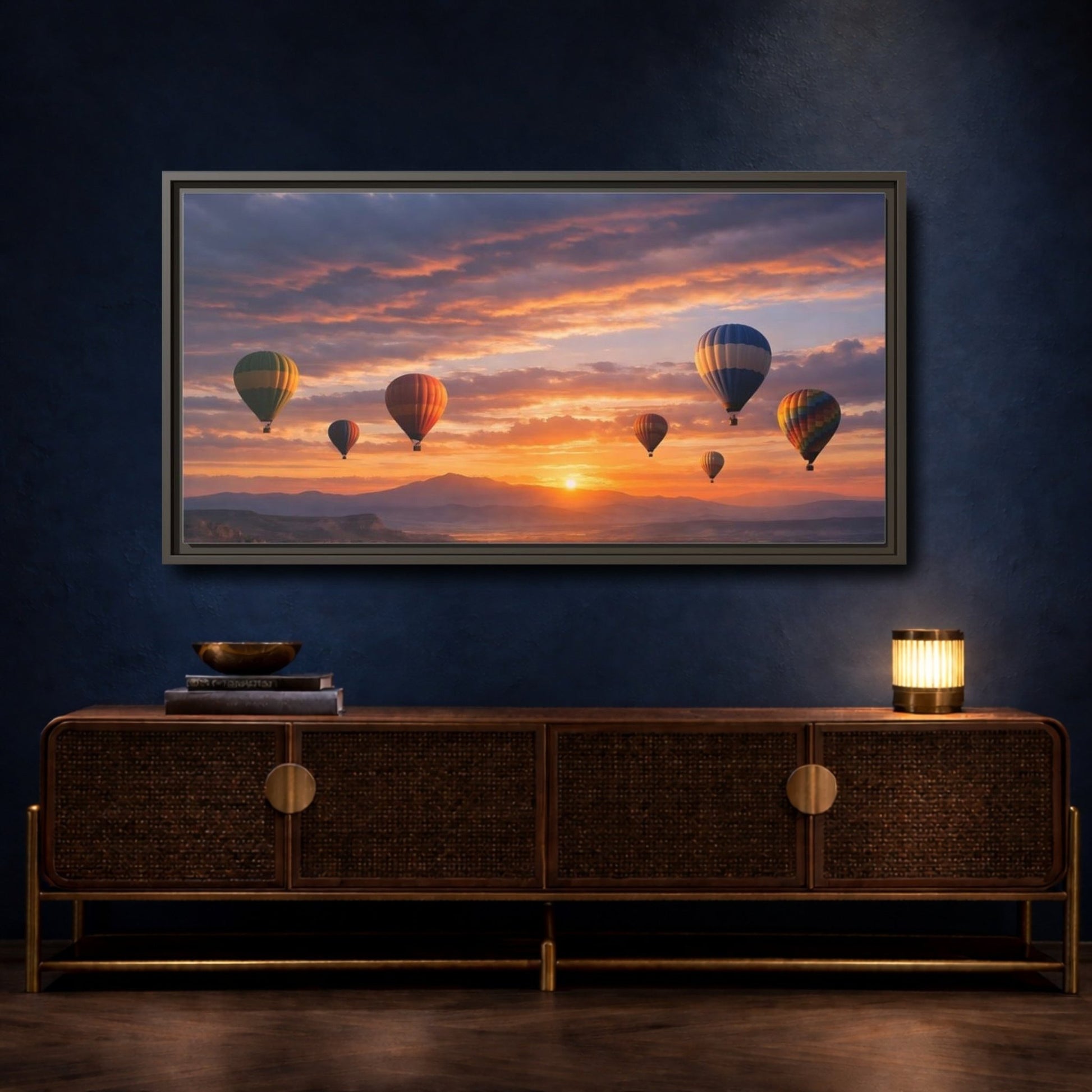 Landscape Nature Hot Air Balloons Sunset - Framed Canvas Wall Art Print - YesArtYes