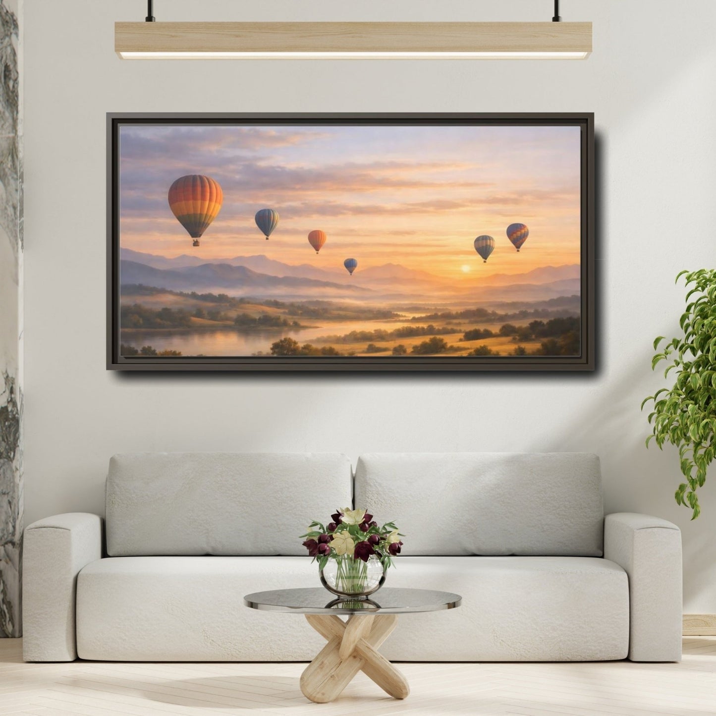 Landscape Nature Hot Air Balloons Sunset - Framed Canvas Wall Art Print - YesArtYes