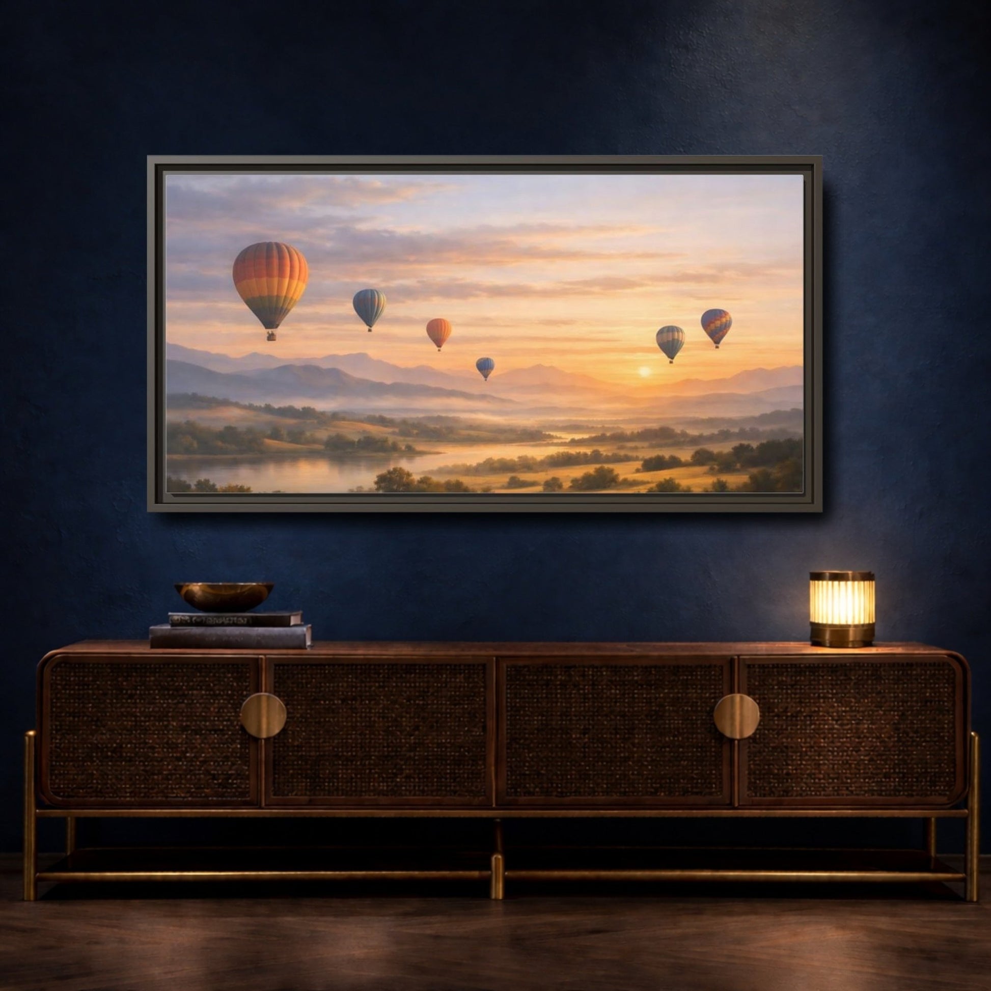 Landscape Nature Hot Air Balloons Sunset - Framed Canvas Wall Art Print - YesArtYes