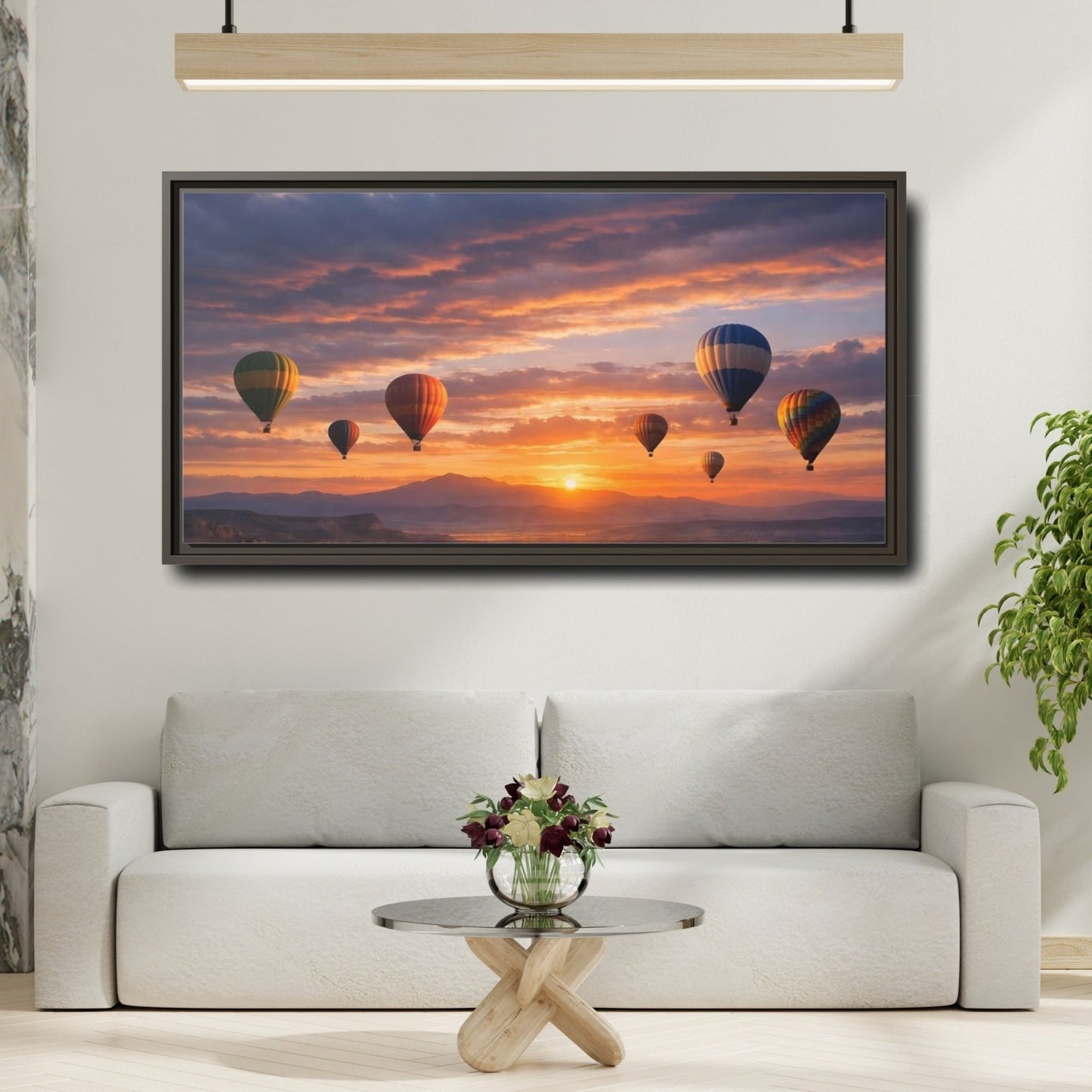 Landscape Nature Hot Air Balloons Sunset - Framed Canvas Wall Art Print - YesArtYes