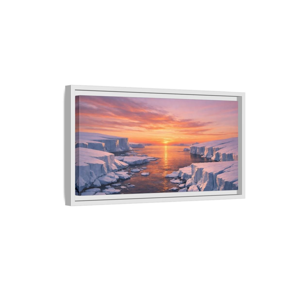 Landscape Nature Iceberg Orange Sunset Ice - Framed Canvas Wall Art Print - YesArtYes
