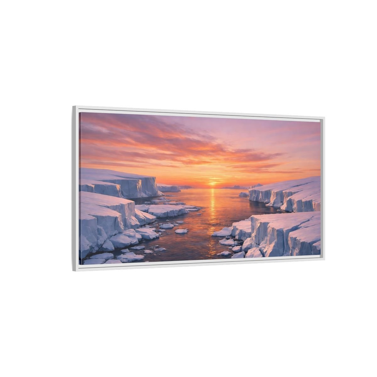 Landscape Nature Iceberg Orange Sunset Ice - Framed Canvas Wall Art Print - YesArtYes