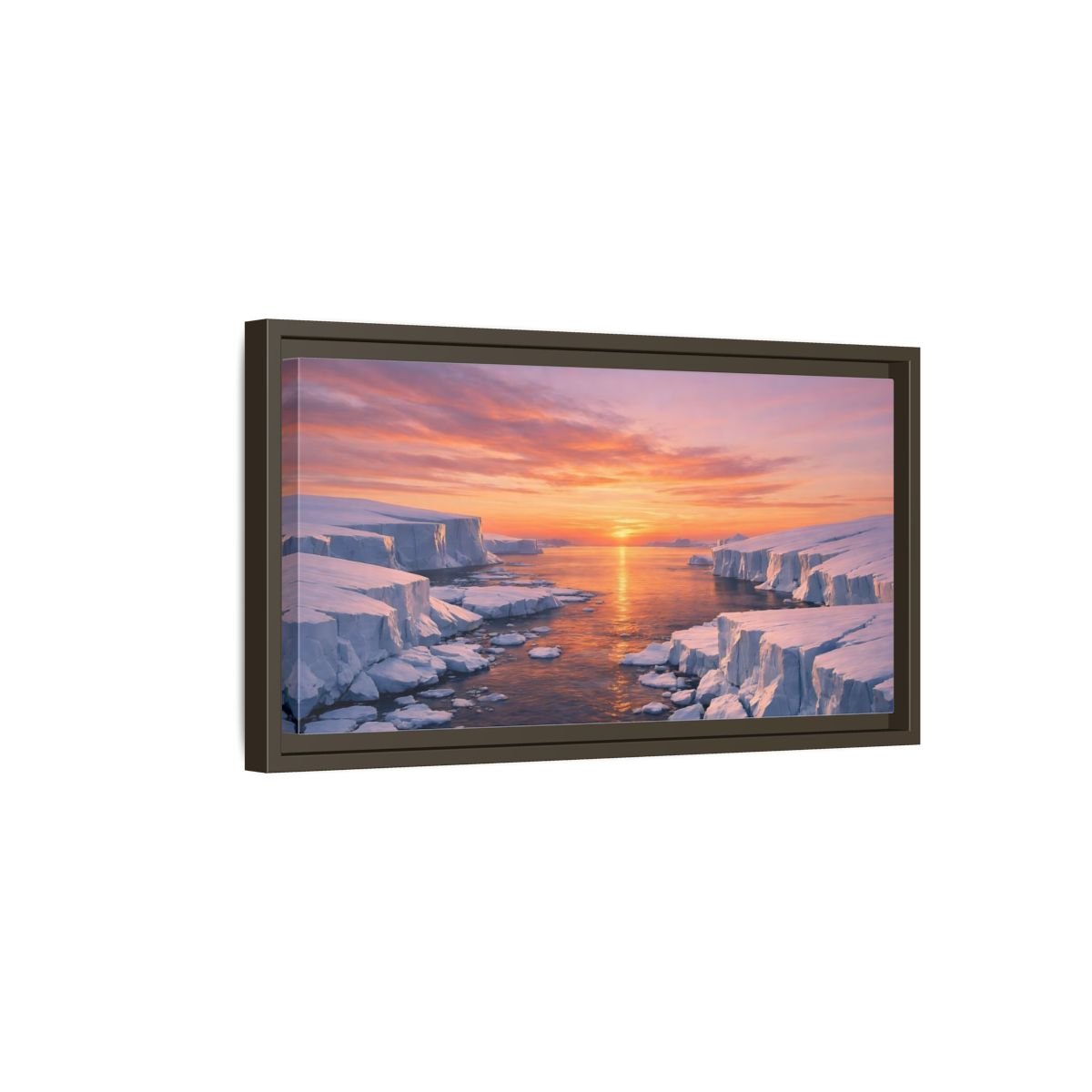 Landscape Nature Iceberg Orange Sunset Ice - Framed Canvas Wall Art Print - YesArtYes