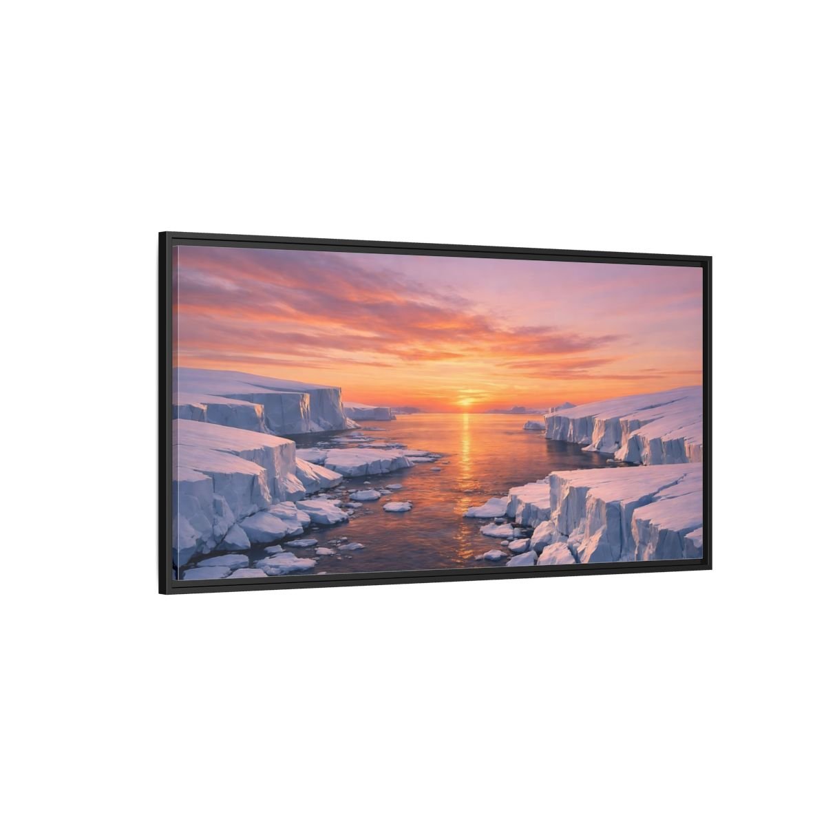Landscape Nature Iceberg Orange Sunset Ice - Framed Canvas Wall Art Print - YesArtYes