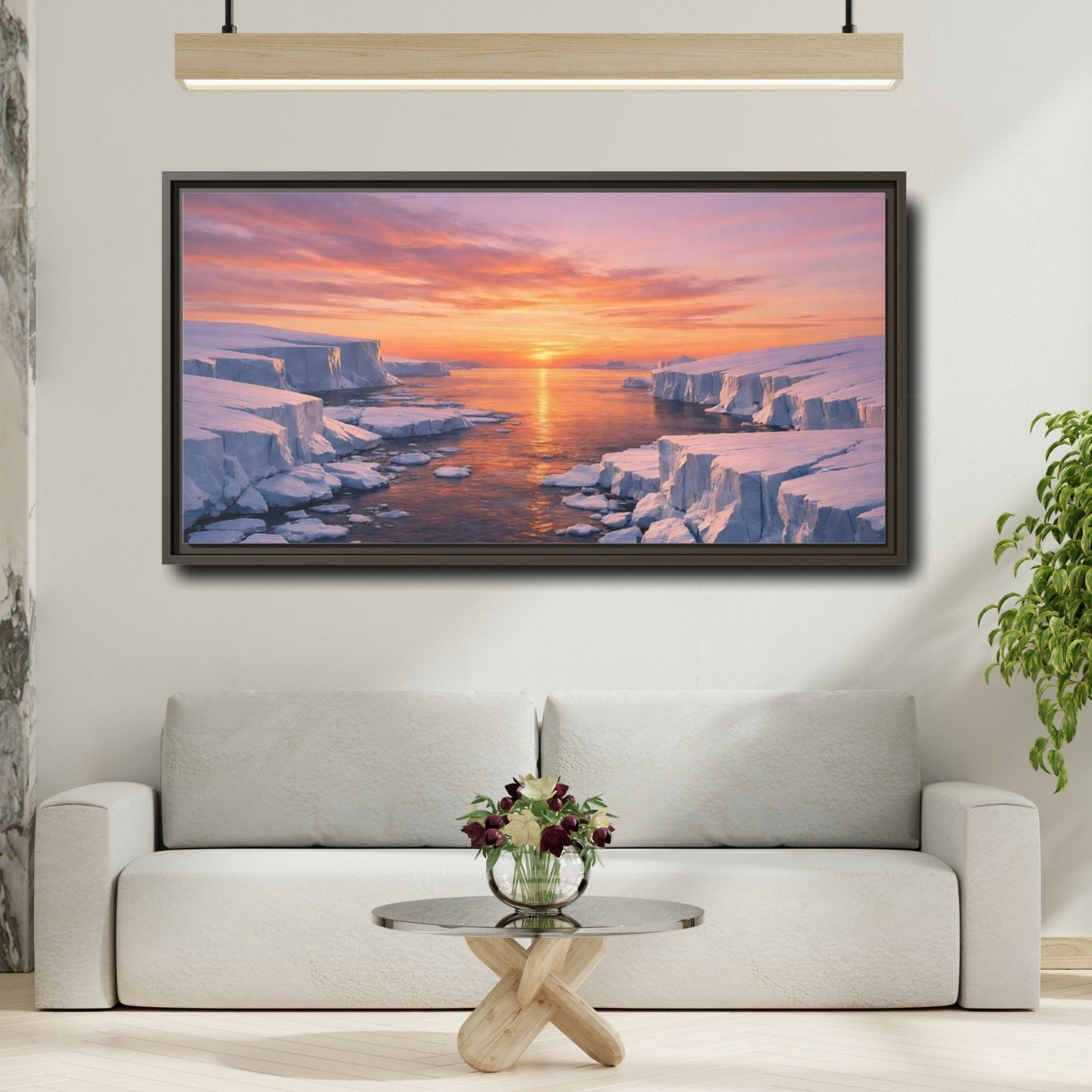 Landscape Nature Iceberg Orange Sunset Ice - Framed Canvas Wall Art Print - YesArtYes