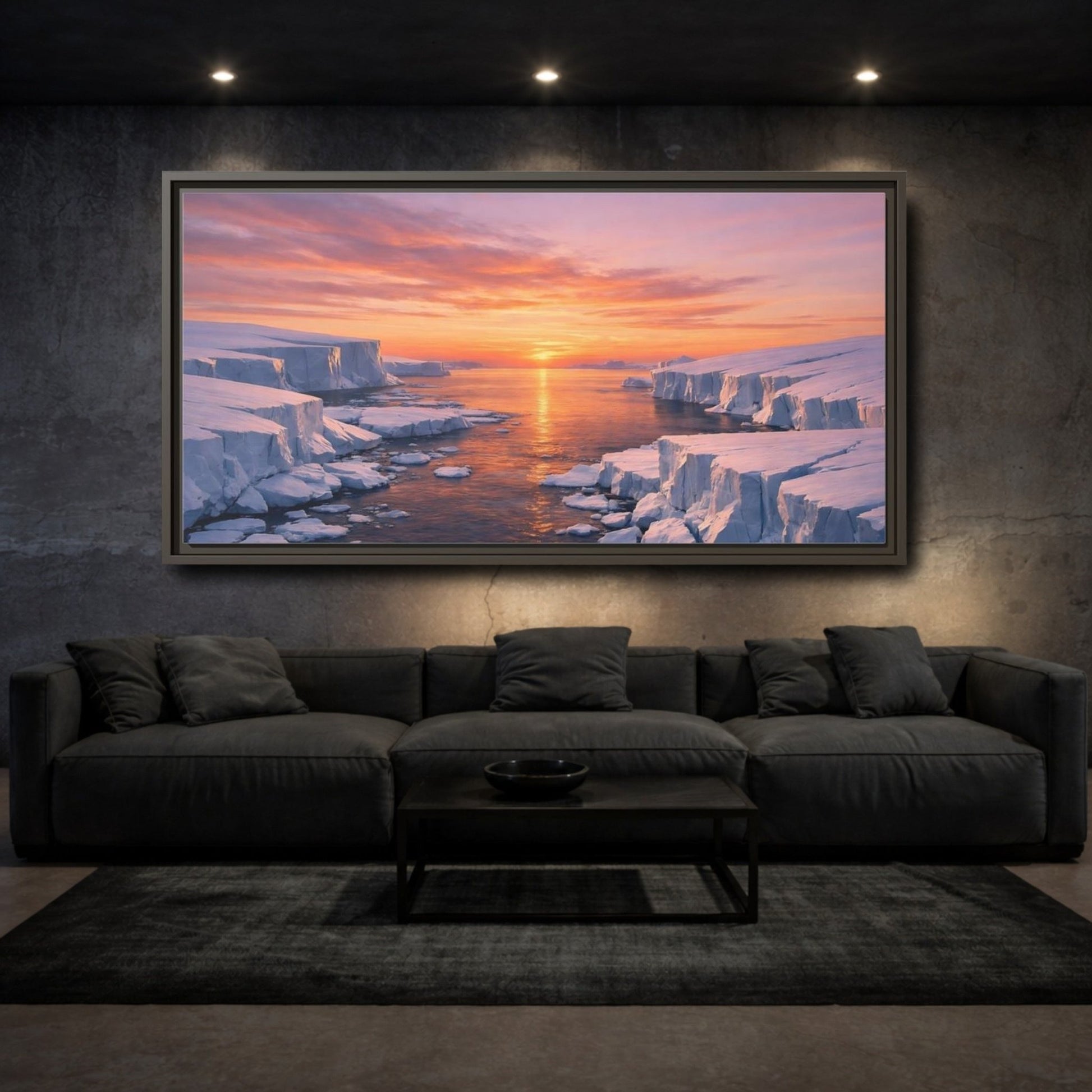 Landscape Nature Iceberg Orange Sunset Ice - Framed Canvas Wall Art Print - YesArtYes