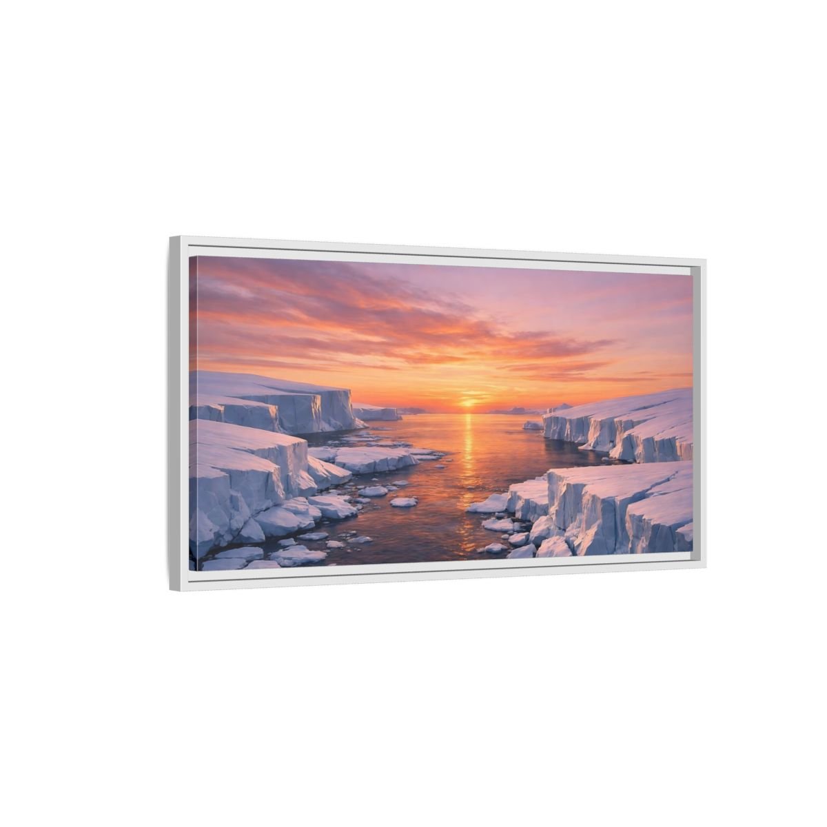 Landscape Nature Iceberg Orange Sunset Ice - Framed Canvas Wall Art Print - YesArtYes