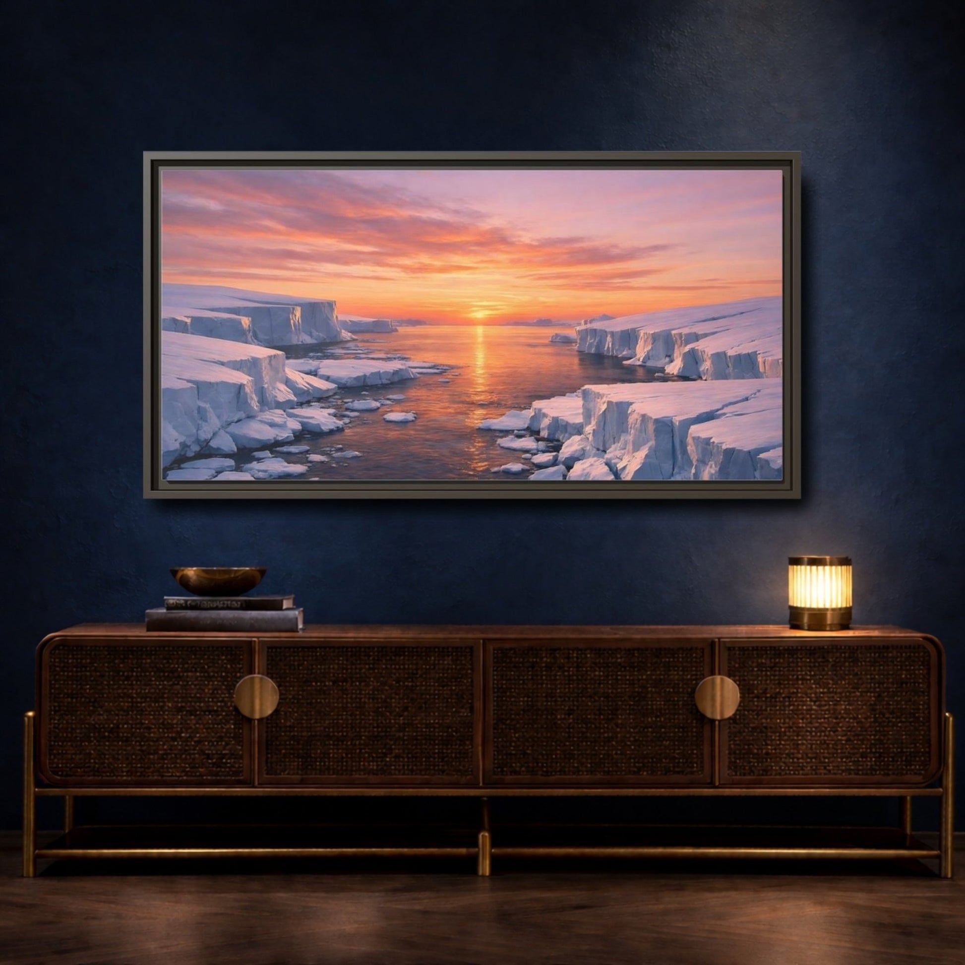 Landscape Nature Iceberg Orange Sunset Ice - Framed Canvas Wall Art Print - YesArtYes