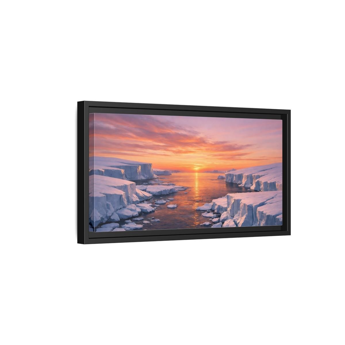 Landscape Nature Iceberg Orange Sunset Ice - Framed Canvas Wall Art Print - YesArtYes