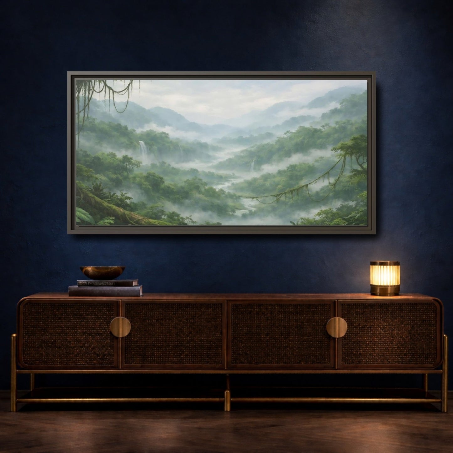 Landscape Nature Jungle Valley Green Mist - Framed Canvas Wall Art Print - YesArtYes