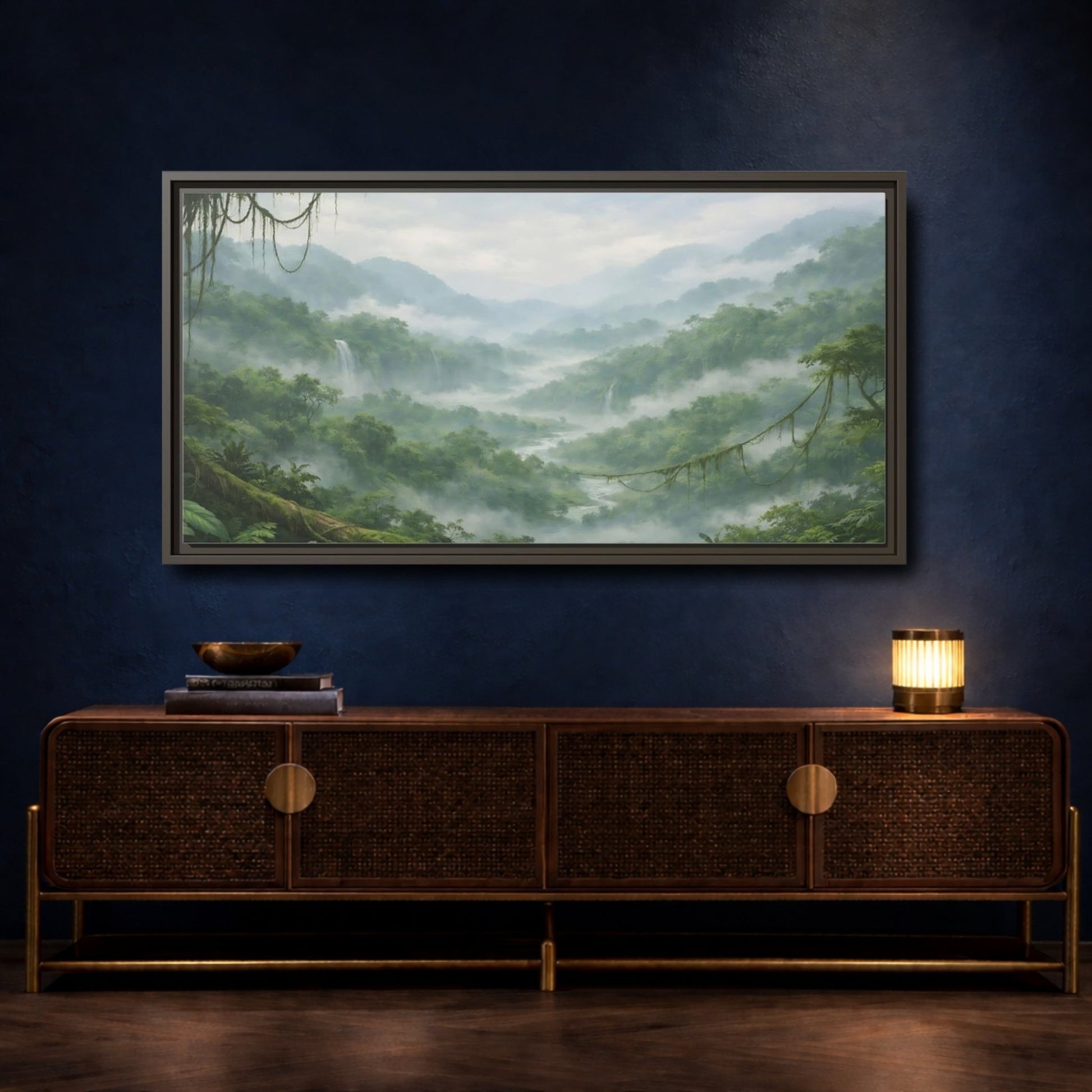 Landscape Nature Jungle Valley Green Mist - Framed Canvas Wall Art Print - YesArtYes