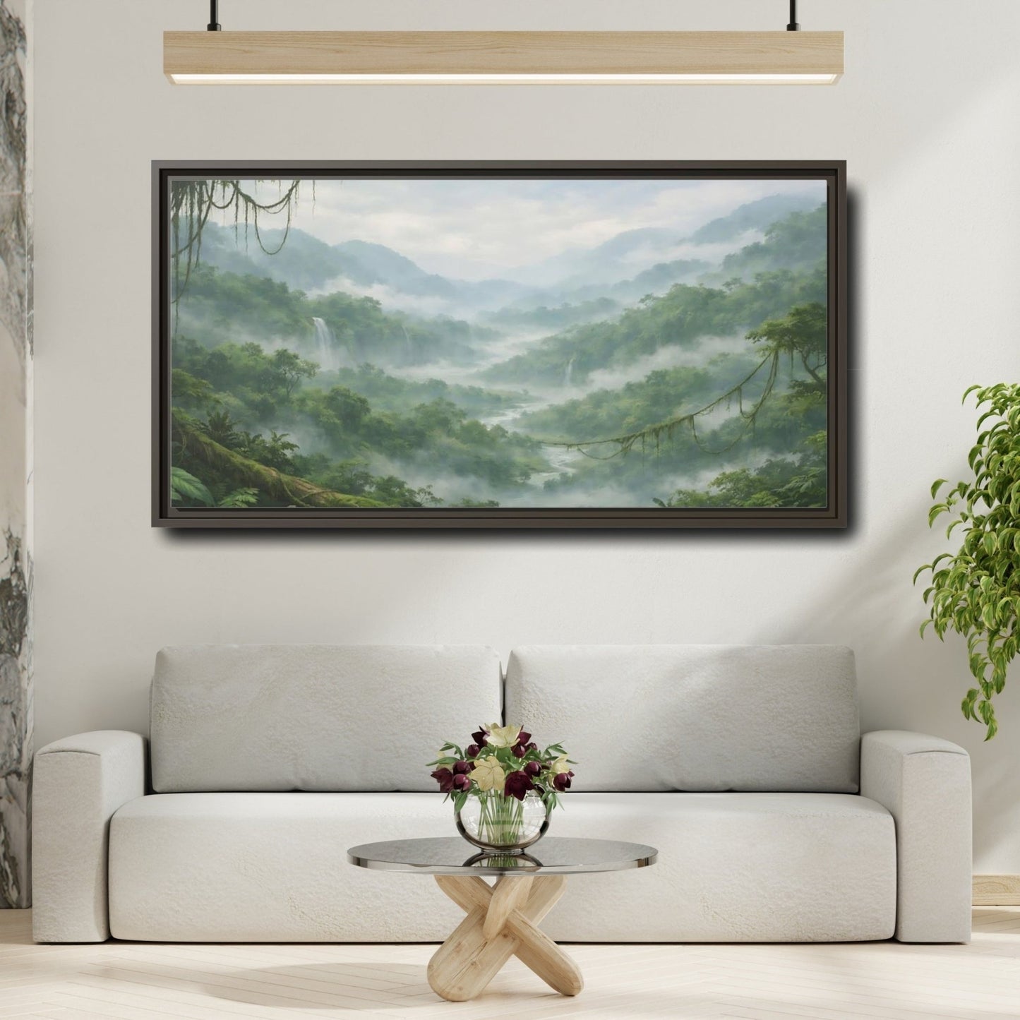 Landscape Nature Jungle Valley Green Mist - Framed Canvas Wall Art Print - YesArtYes