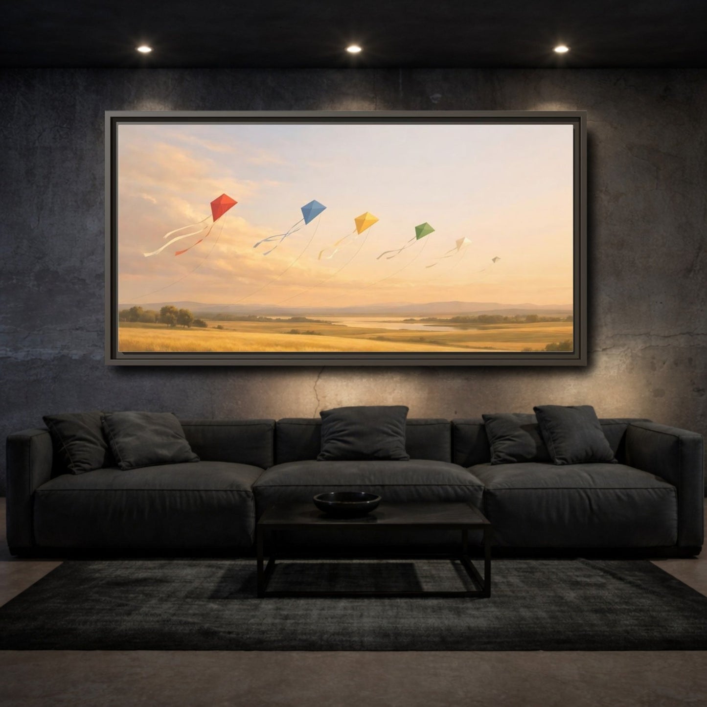 Landscape Nature Kites Golden Field - Framed Canvas Wall Art Print - YesArtYes