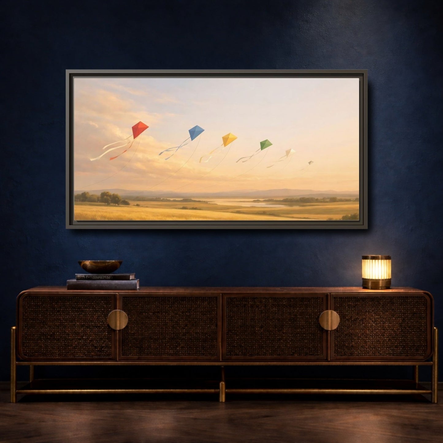 Landscape Nature Kites Golden Field - Framed Canvas Wall Art Print - YesArtYes