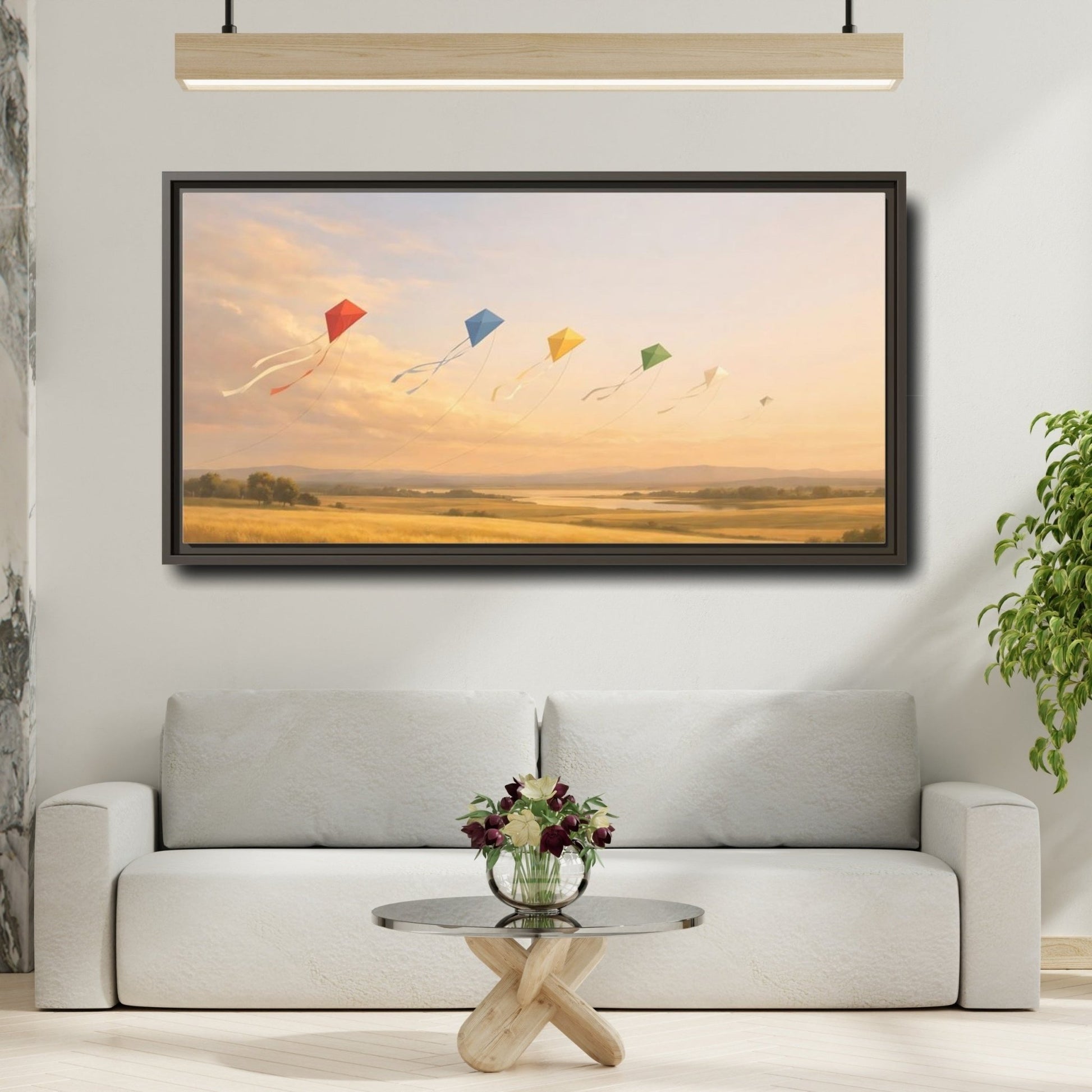 Landscape Nature Kites Golden Field - Framed Canvas Wall Art Print - YesArtYes