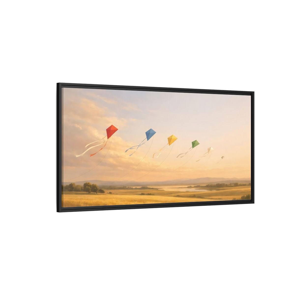 Landscape Nature Kites Golden Field - Framed Canvas Wall Art Print - YesArtYes