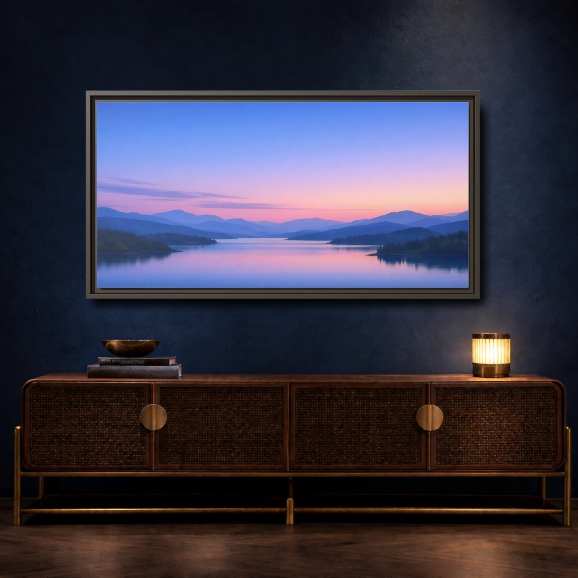 Landscape Nature Lake Blue Pink Sunset - Framed Canvas Wall Art Print - YesArtYes