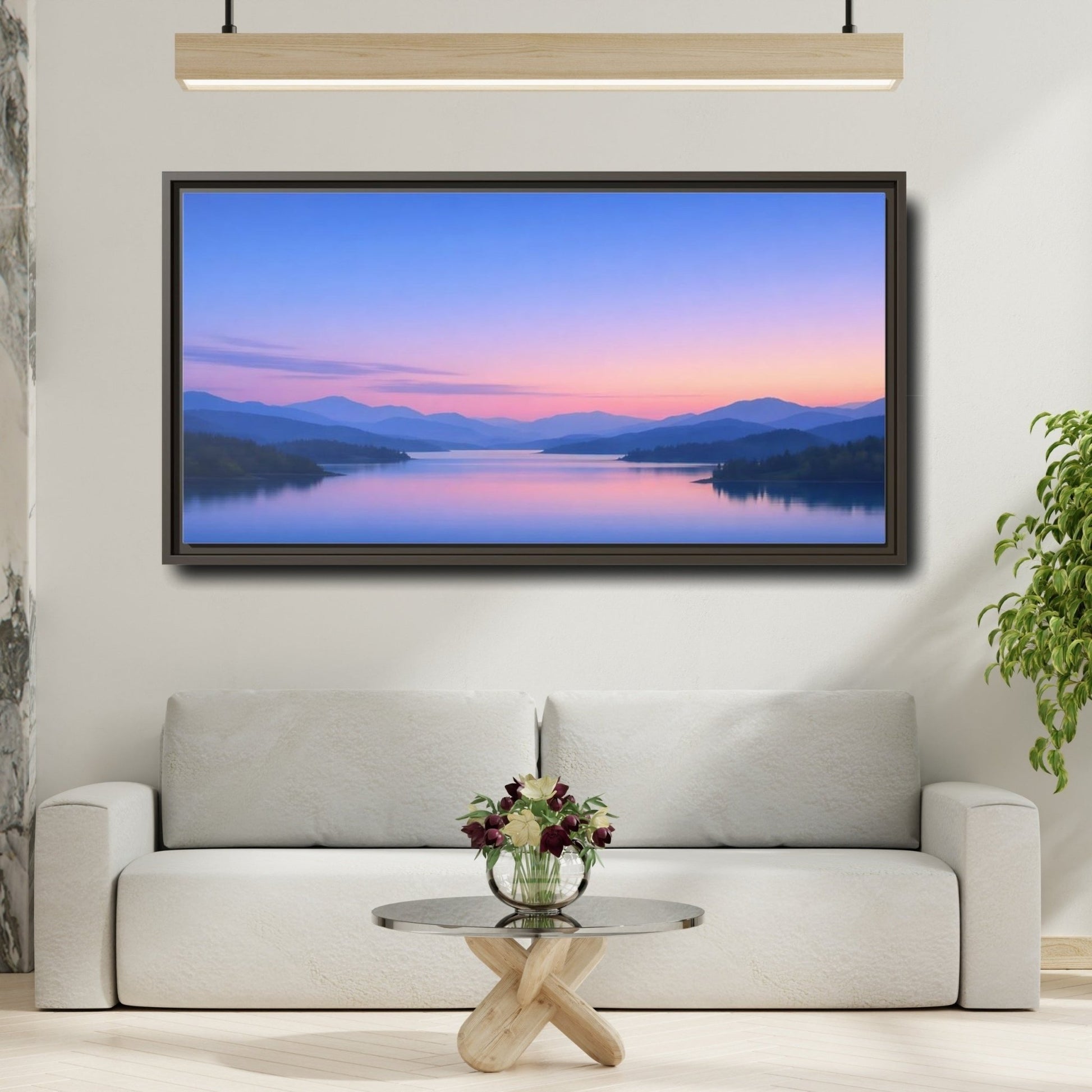 Landscape Nature Lake Blue Pink Sunset - Framed Canvas Wall Art Print - YesArtYes