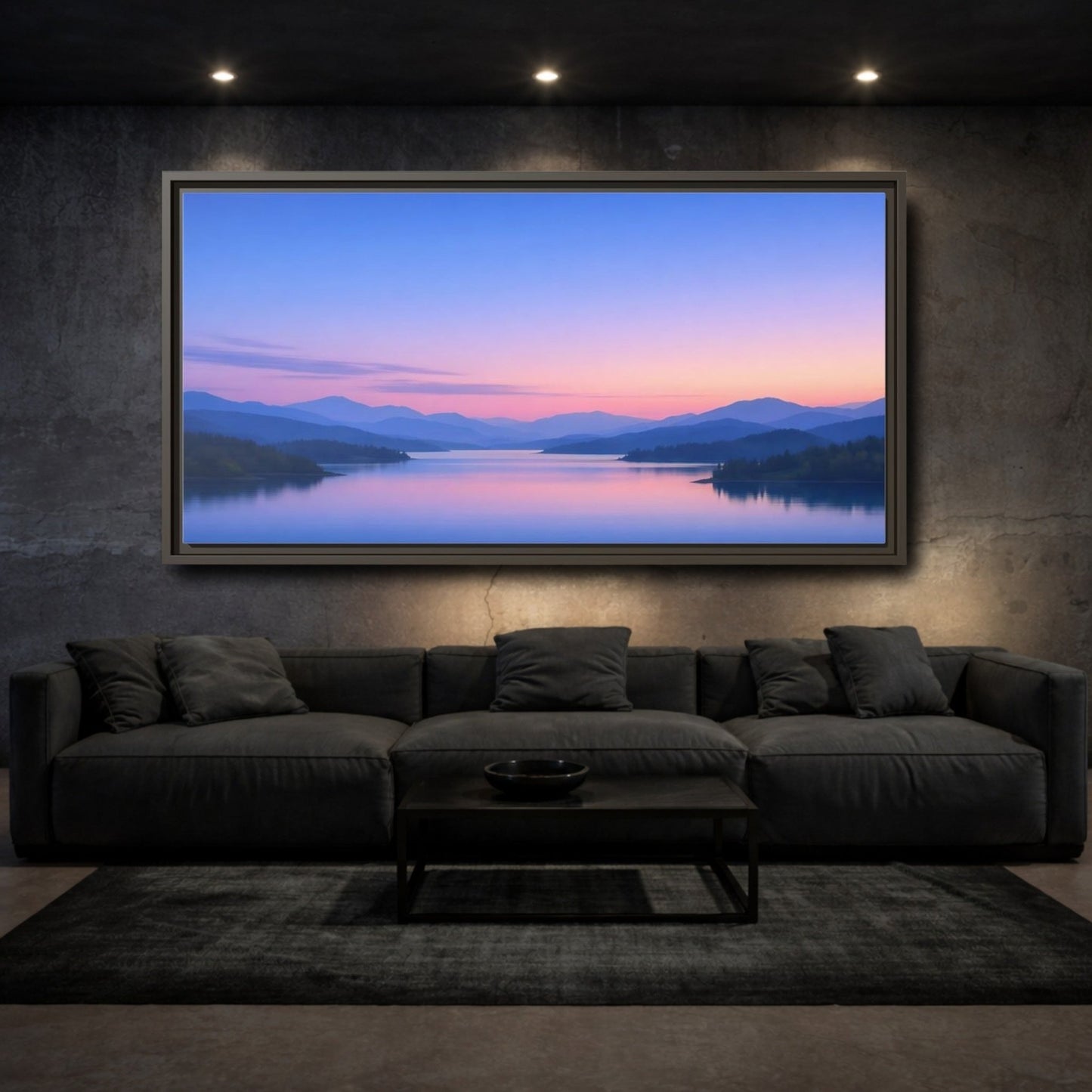 Landscape Nature Lake Blue Pink Sunset - Framed Canvas Wall Art Print - YesArtYes