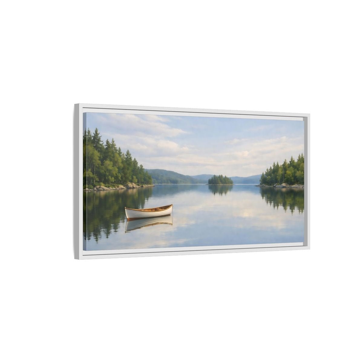 Landscape Nature Lake Boat Blue And - Framed Canvas Wall Art Print - YesArtYes
