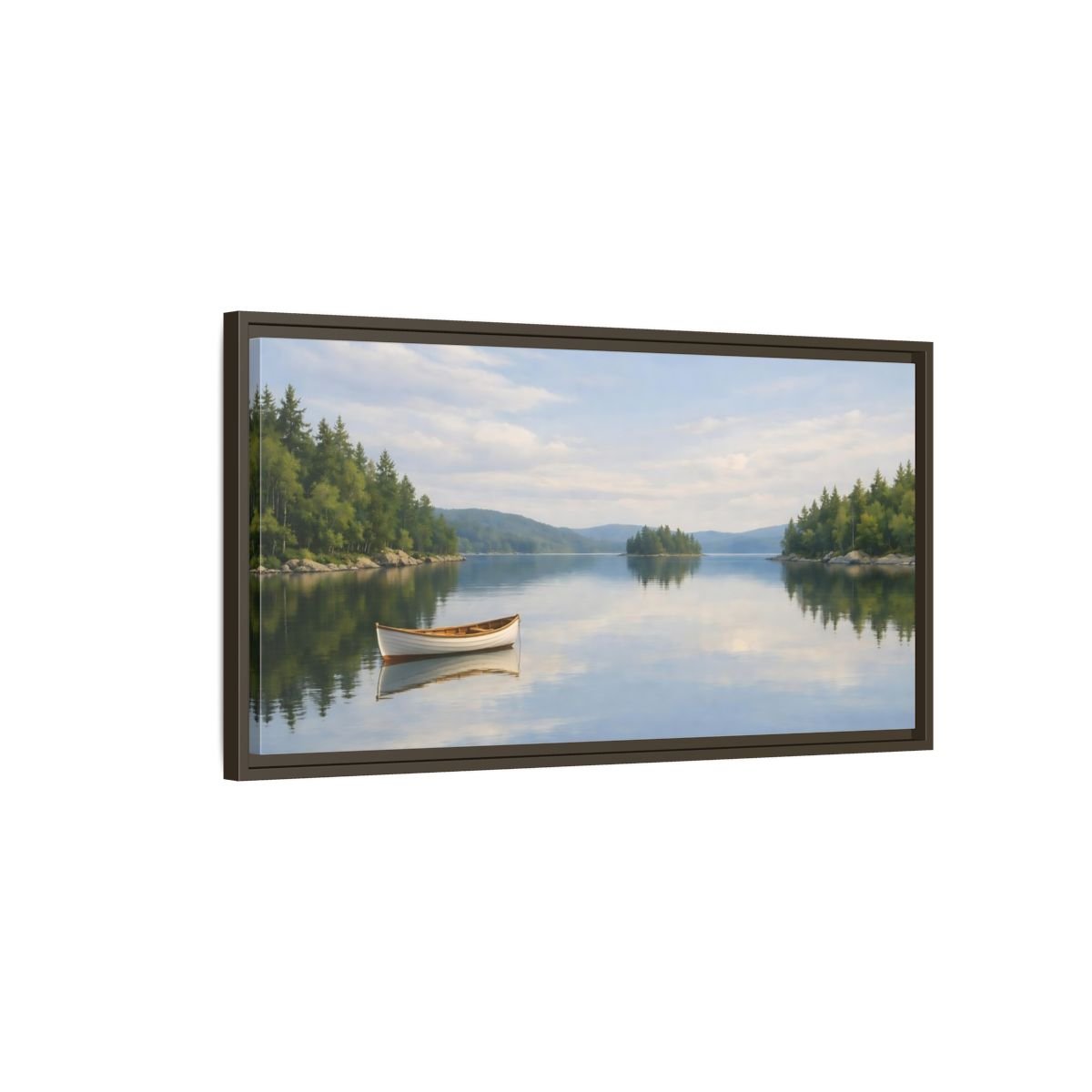 Landscape Nature Lake Boat Blue And - Framed Canvas Wall Art Print - YesArtYes