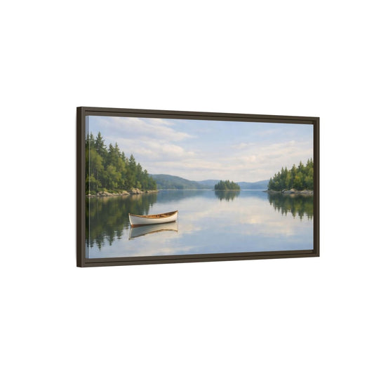 Landscape Nature Lake Boat Blue And - Framed Canvas Wall Art Print - YesArtYes