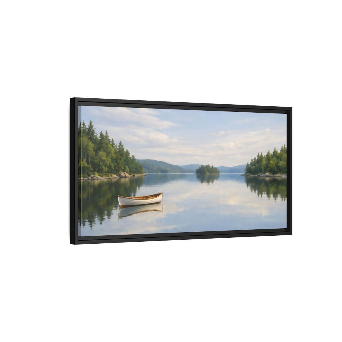 Landscape Nature Lake Boat Blue And - Framed Canvas Wall Art Print - YesArtYes