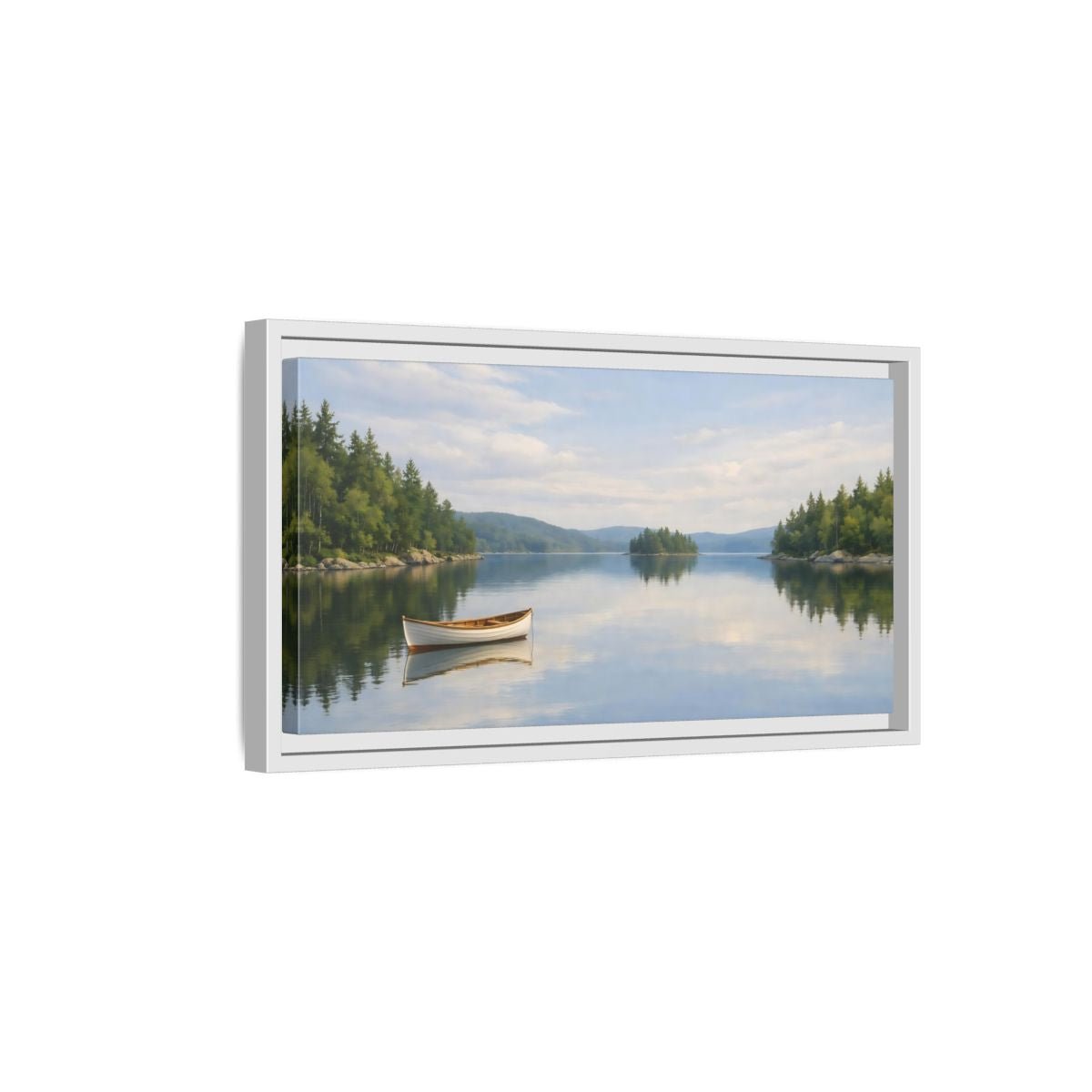 Landscape Nature Lake Boat Blue And - Framed Canvas Wall Art Print - YesArtYes