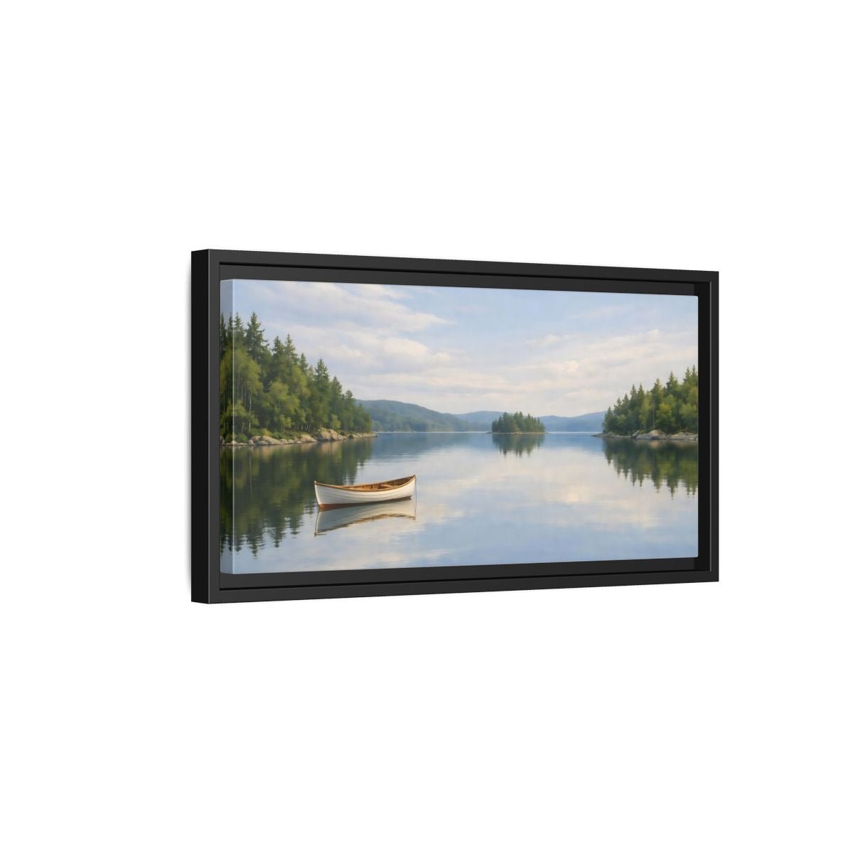 Landscape Nature Lake Boat Blue And - Framed Canvas Wall Art Print - YesArtYes