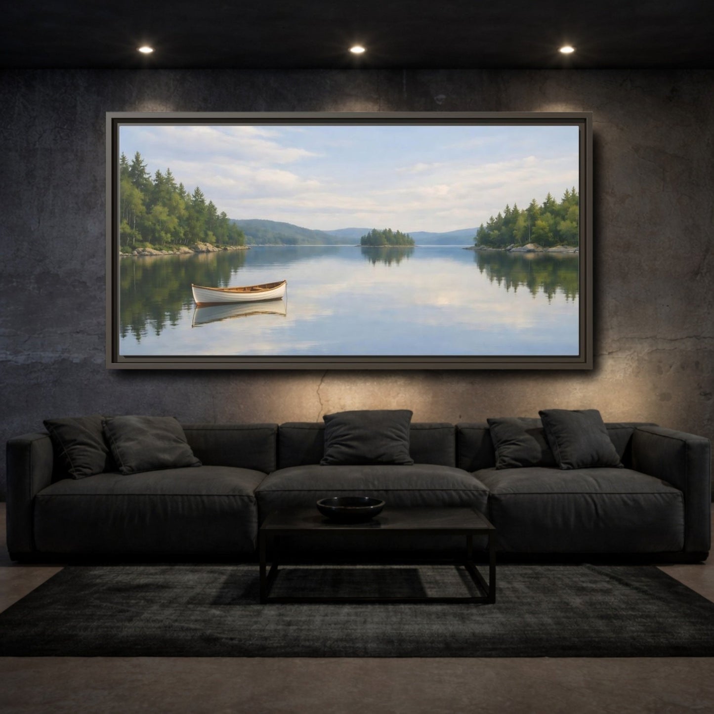 Landscape Nature Lake Boat Blue And - Framed Canvas Wall Art Print - YesArtYes