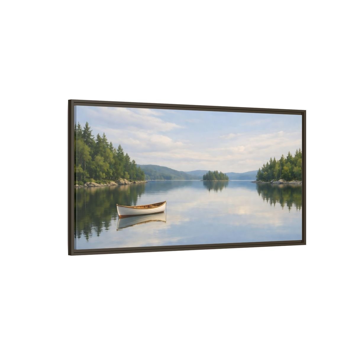 Landscape Nature Lake Boat Blue And - Framed Canvas Wall Art Print - YesArtYes