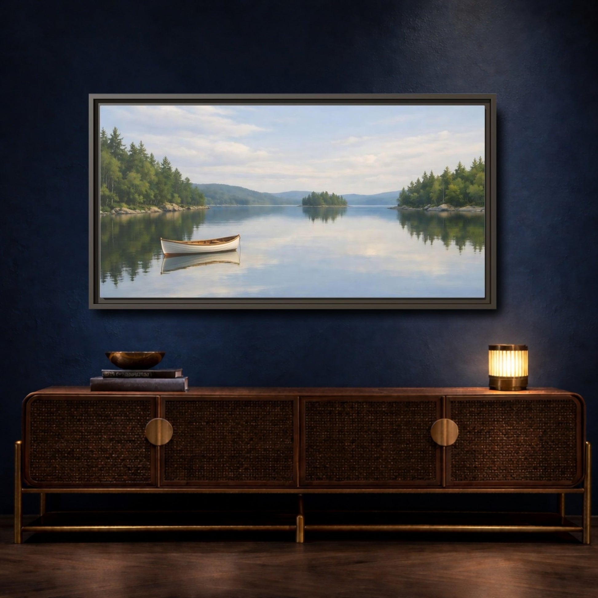 Landscape Nature Lake Boat Blue And - Framed Canvas Wall Art Print - YesArtYes