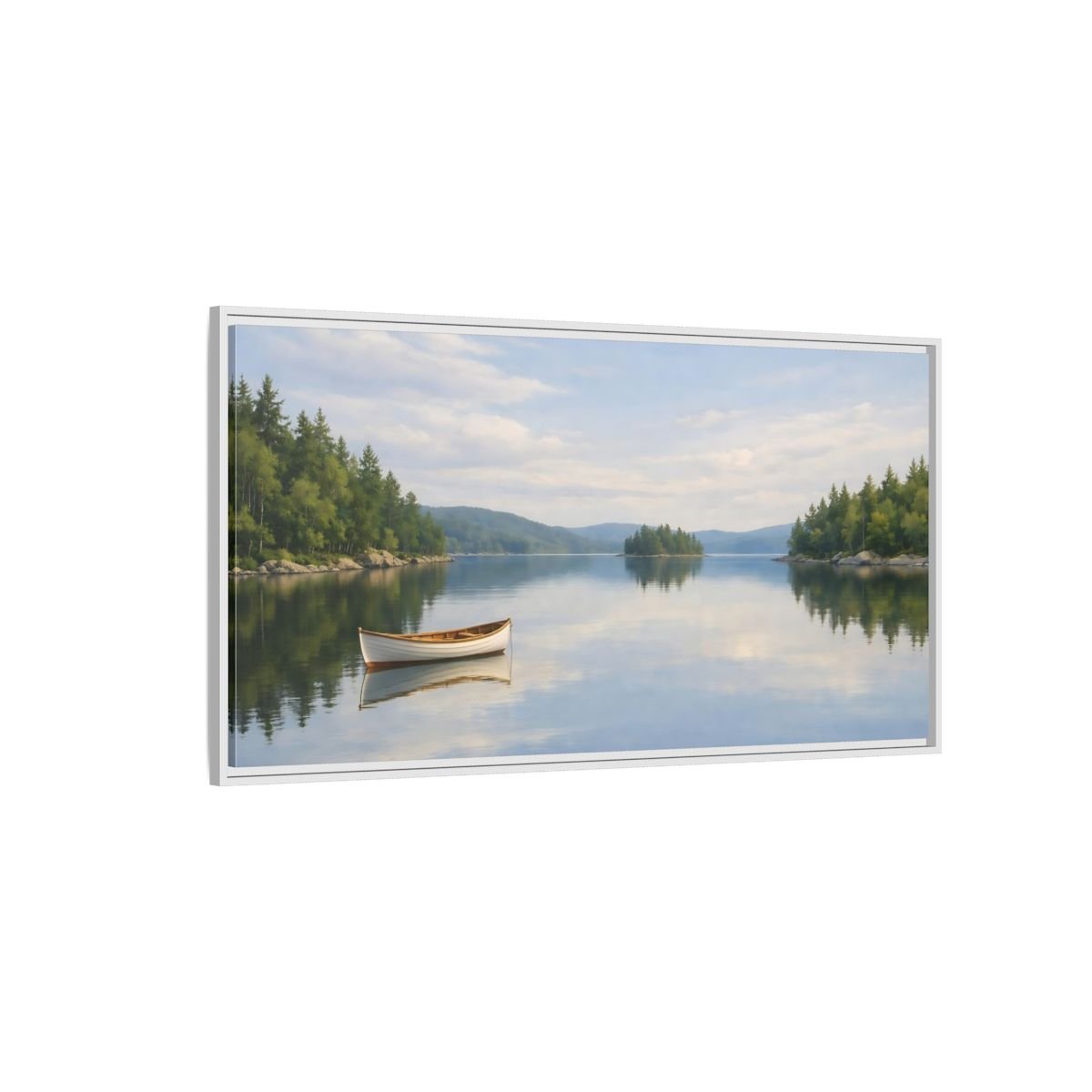 Landscape Nature Lake Boat Blue And - Framed Canvas Wall Art Print - YesArtYes