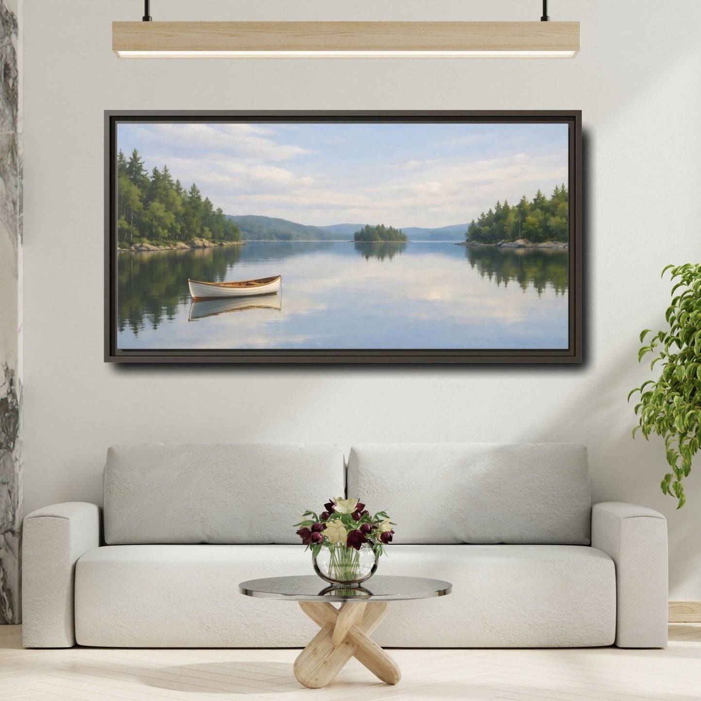 Landscape Nature Lake Boat Blue And - Framed Canvas Wall Art Print - YesArtYes