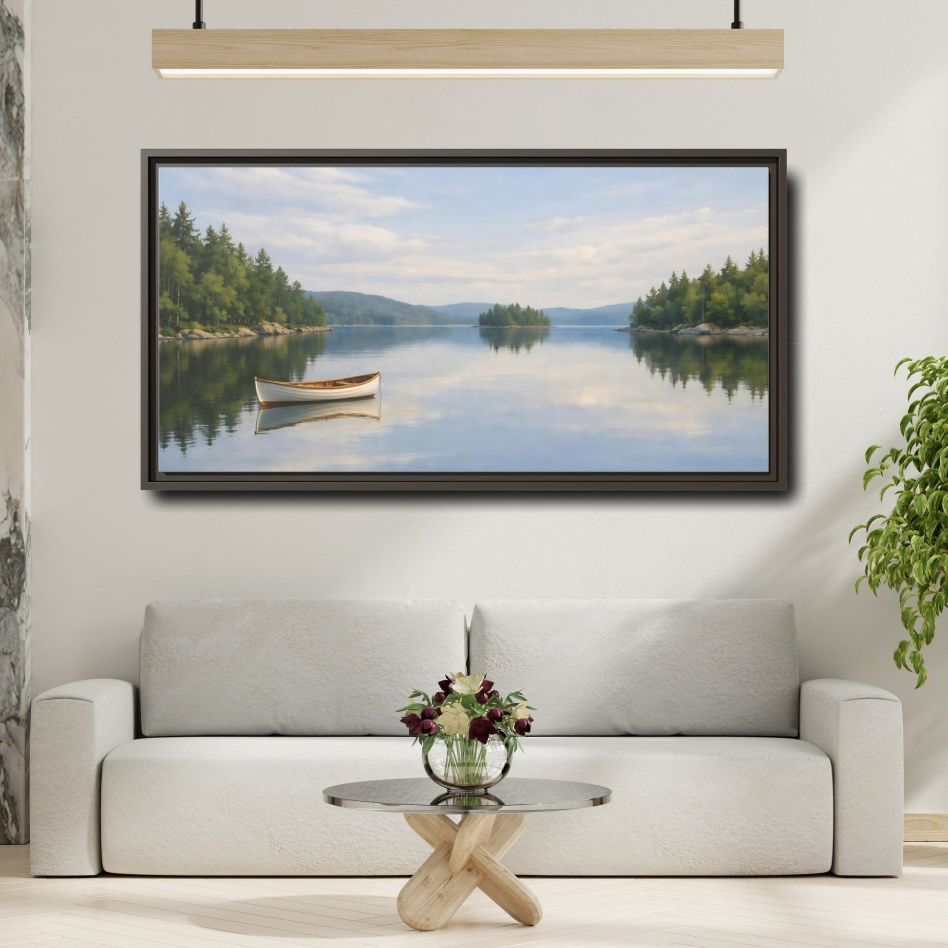 Landscape Nature Lake Boat Blue And - Framed Canvas Wall Art Print - YesArtYes